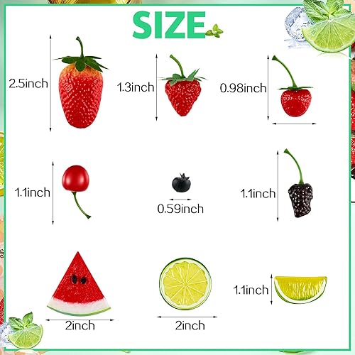 Miniatura 2 de 50 frutas artificiales de plástico de frutas falsas, 14 fresas falsas, 12 cerezas falsas, 6 moras falsas, 4 rebanadas de sandía falsas, 10 arándanos