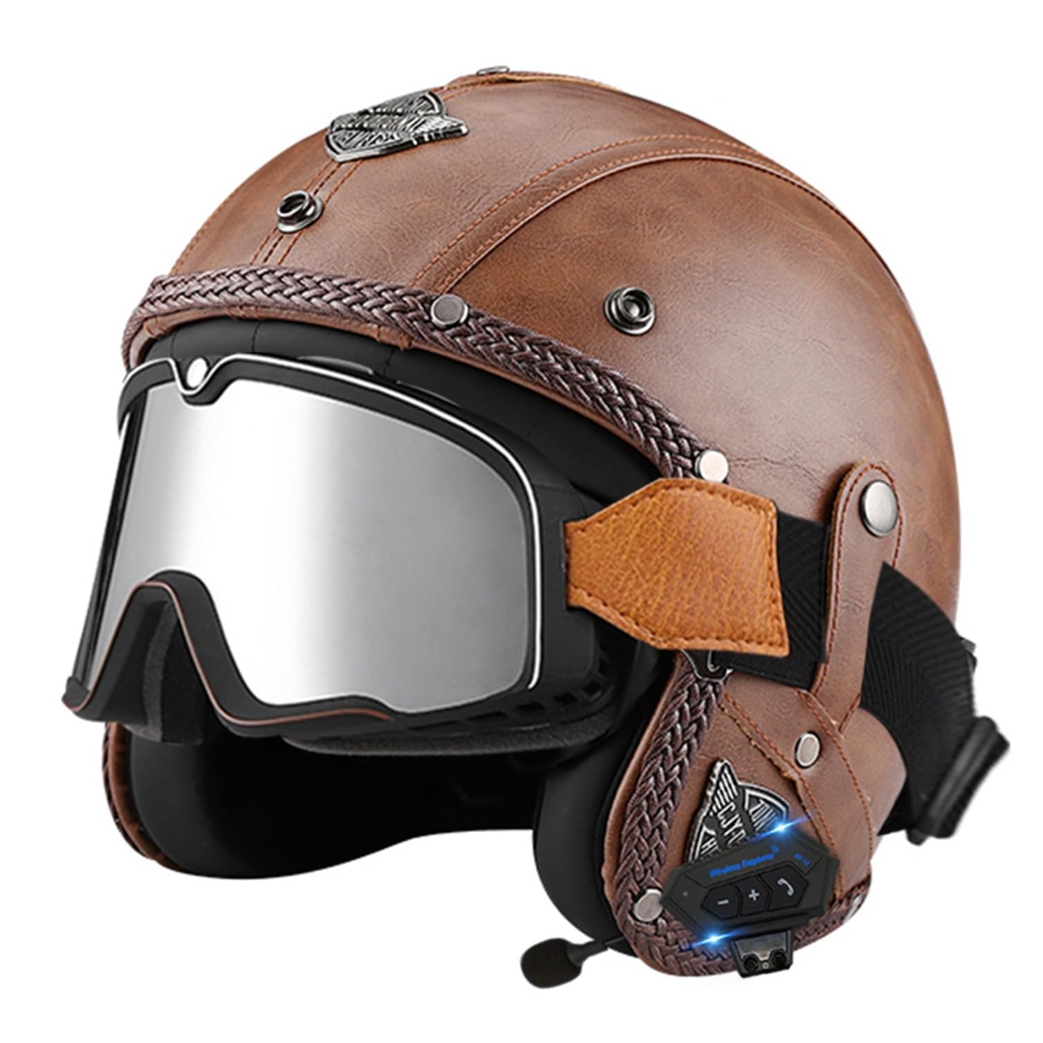 Casque jet vintage Bluetooth intégré avec lunettes moto