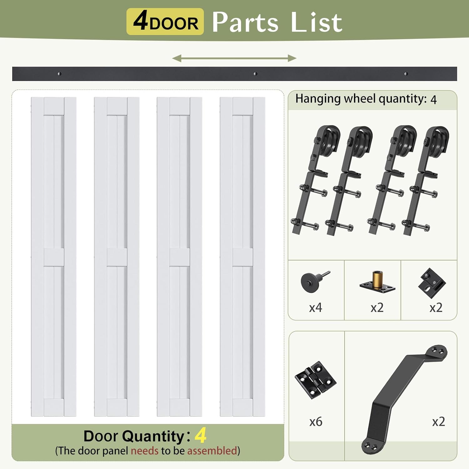 Finosen Bifold Barn Door 48 x 84 in (Four 12 inch Doors)，Bi-fold Closet Door with Hardware Track kit Included, 4.3ft Rail for 4 Doors, MDF Wood Panel,PVC Surface, Save Space,DIY Assembly, White