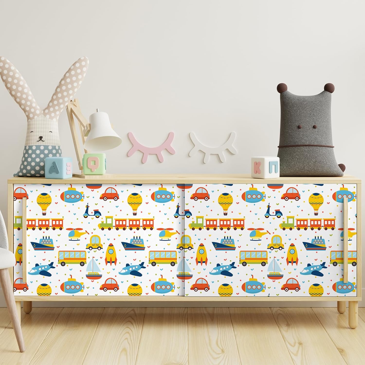 Cartoon Transports Wallpaper Peel and Stick 12"x393" Childish Car Train Airplane Ship Wallpaper for Kids Boys Bedroom Nursery Self Adhesive Cartoon Vehicles Contact Paper for Cabinet