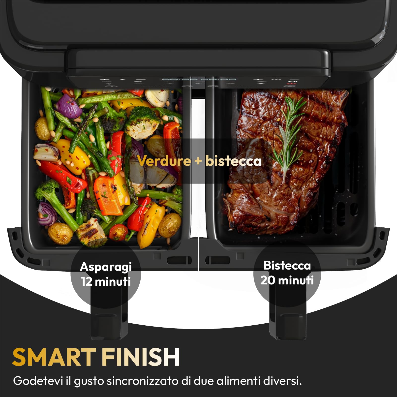 LLIVEKIT Friggitrice ad Aria a 2 Cestelli, Air Fryer da 9L, Friggitrice senza Olio con Display LED, Finestre Visibili, 10 Funzioni, Cottura e Finitura Sincronizzate, da 50-200oC, 2400W, Nero