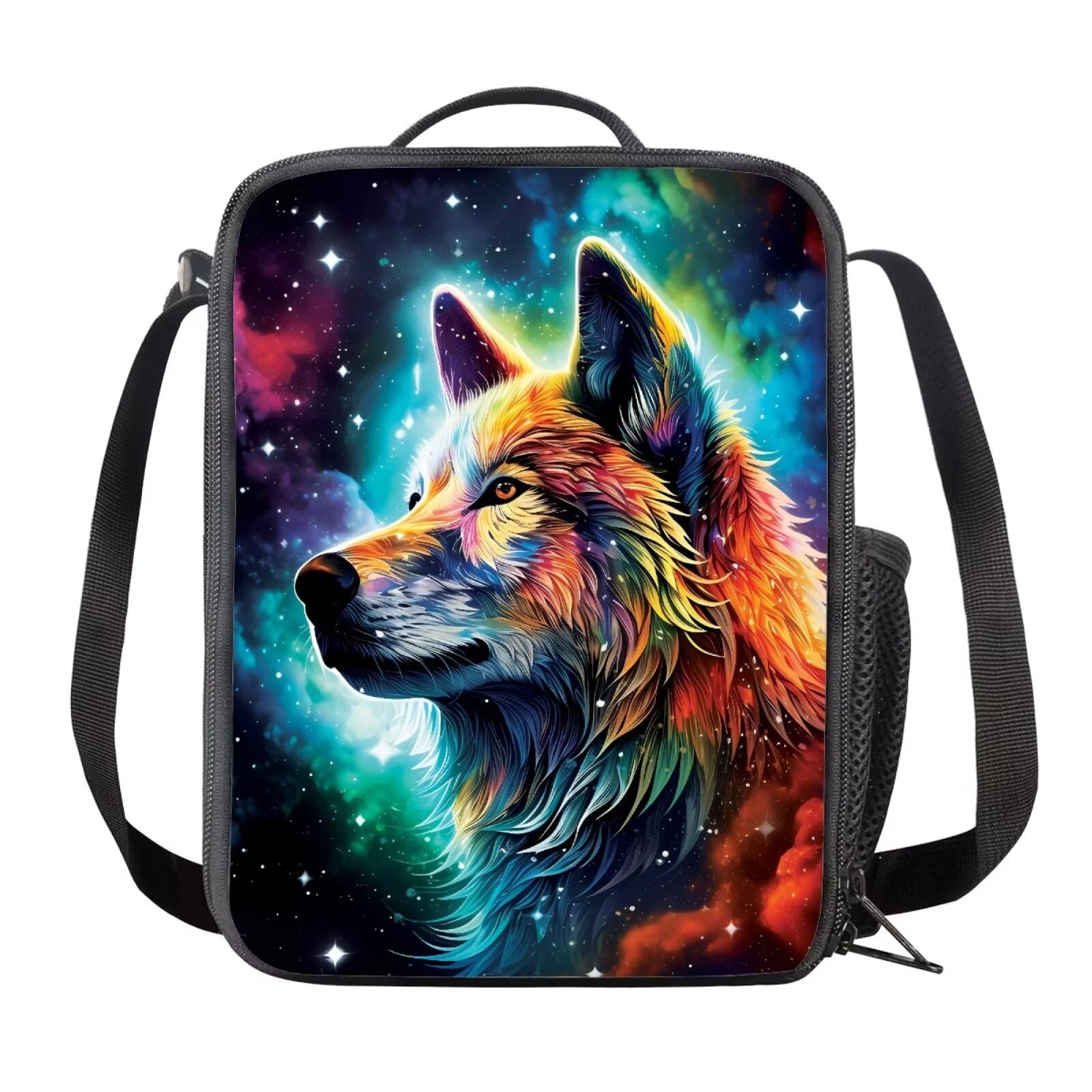 chaqlin Galaxy Night Wolf School Lunch Box for Kids Boys Food Container Thermal Lunch Box for Teens Adult Daily Lunchbags with Handle Bottle Pocket Animal Wolf Lunchbags for School โ image 1