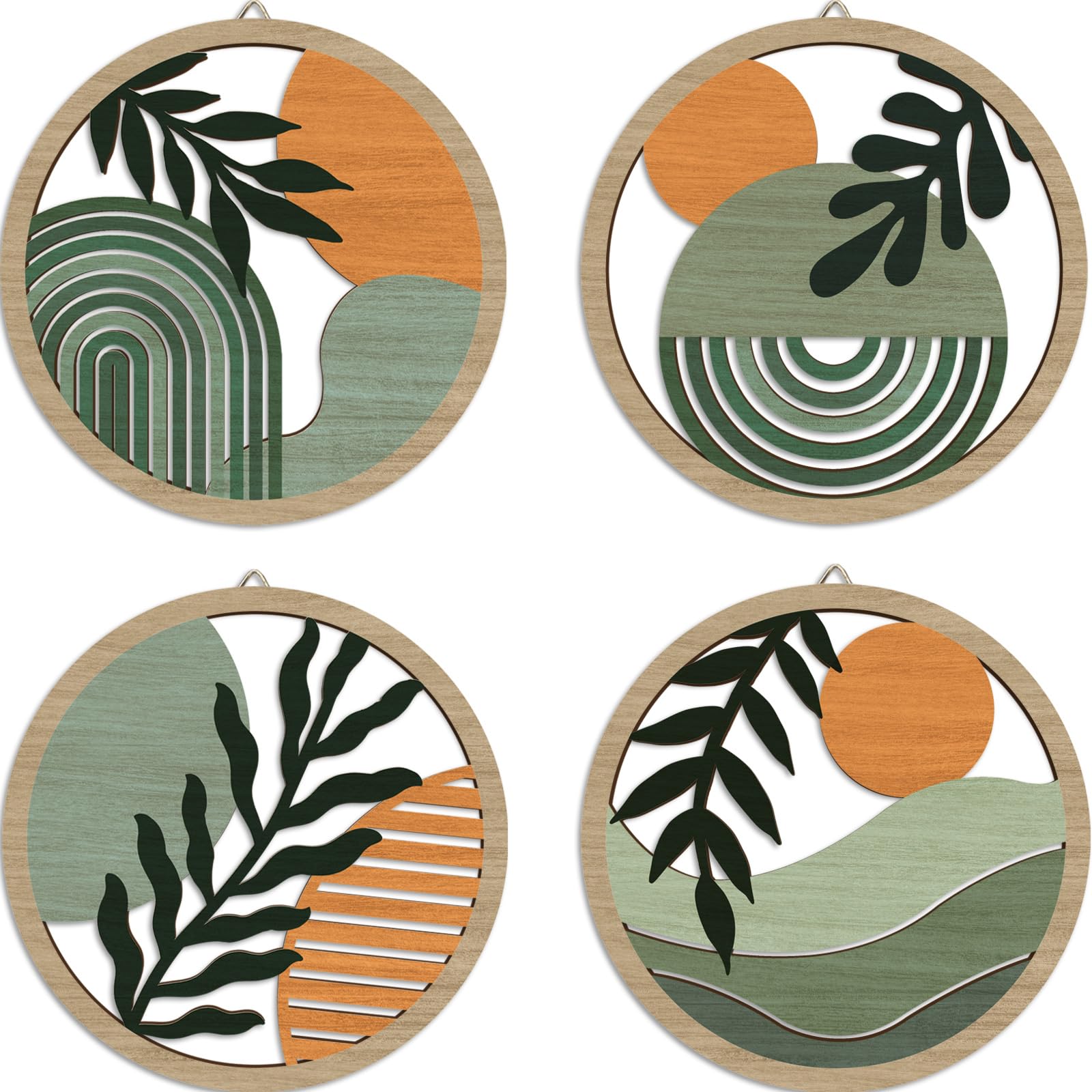 HPNIUB 4PCS Green Boho Wood Sign Decor,Bohemian Geometric Hanging Sign for Living Room, Aesthetic Abstract Desert Cactus, Minimalist Farmhouse Decor Bohemian Botanical Wooden Plaque for Bedroom
