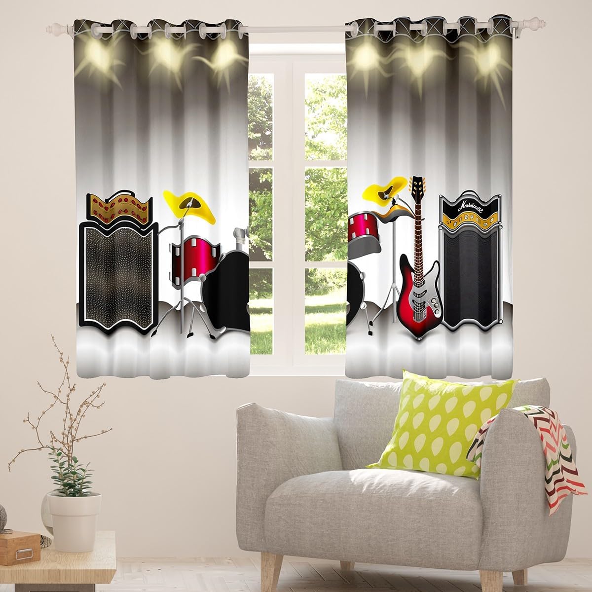 Feelyou Rock Music Curtains for Bedroom Living Room Teens Boys Electronic Musical Instrument Curtain Guitar Drum Speaker Window Drapes 38Wx 45L Inches 2 Panels