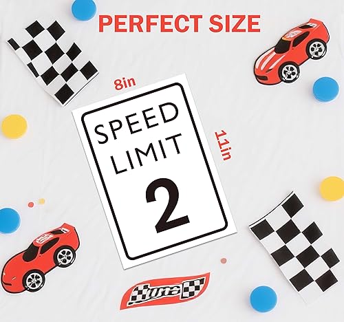 Miniatura 2 de Letrero de cumpleaños de coche de carreras, límite de velocidad 2, letrero de 8 × 11 con soporte, decoración de dos cumpleaños rápidos