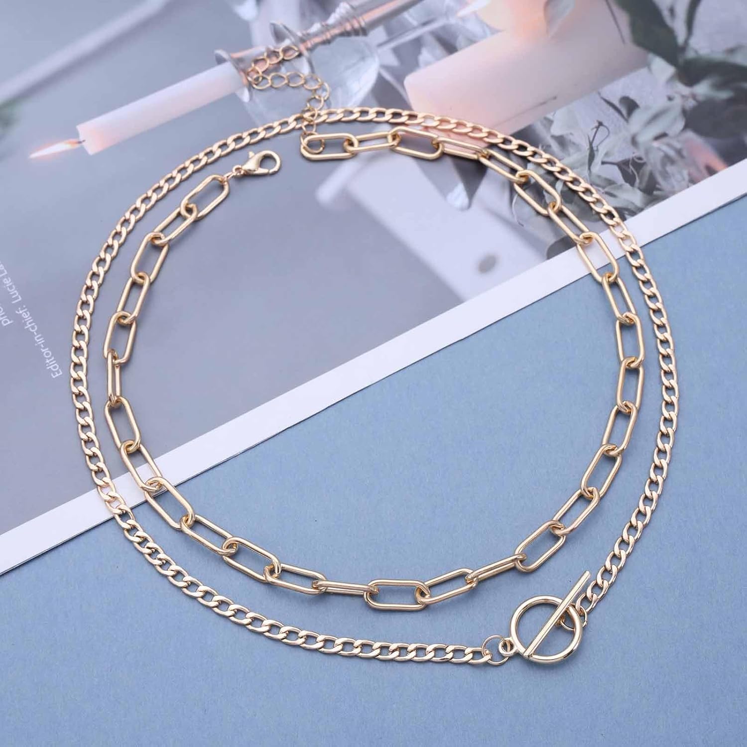 Andelaisi Boho Layered Paperclip Necklace Vintage Toggle Clasp Necklace Gold Paper Clip Chain Adjustable Circle T Bar Choker Jewelry for Women - Image 3