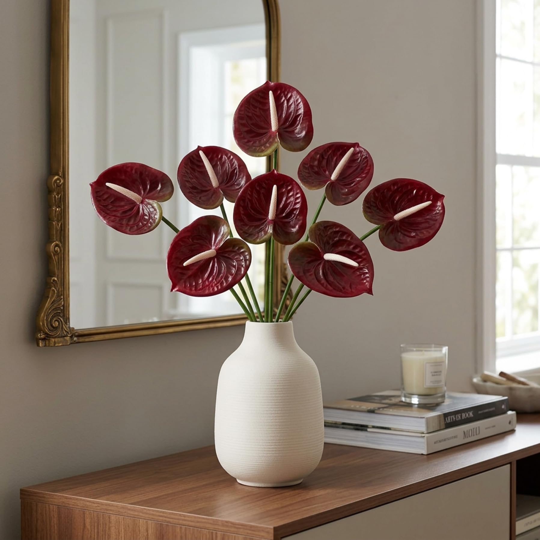 Faticenic 8Pcs Anthurium Artificial Flowers, Lifelike Floral Decor for Home Wedding Centerpieces, 24 Inch Tropical Flowers Bulk, Anthurium Artificial, Garden Décor
