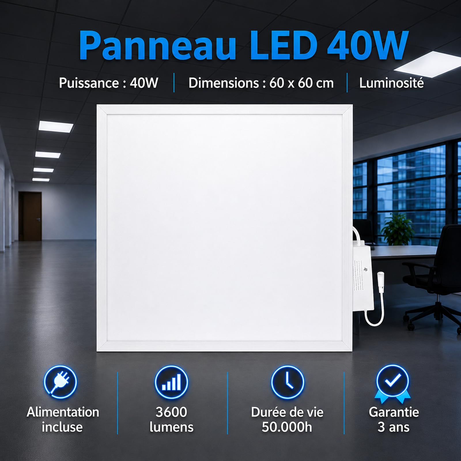 Europalamp - Paneles LED - 60 x 60 cm - 40 W - Pack de 4 unidades - color blanco neutro, 4000 K, alta luminosidad, varios modelos disponibles