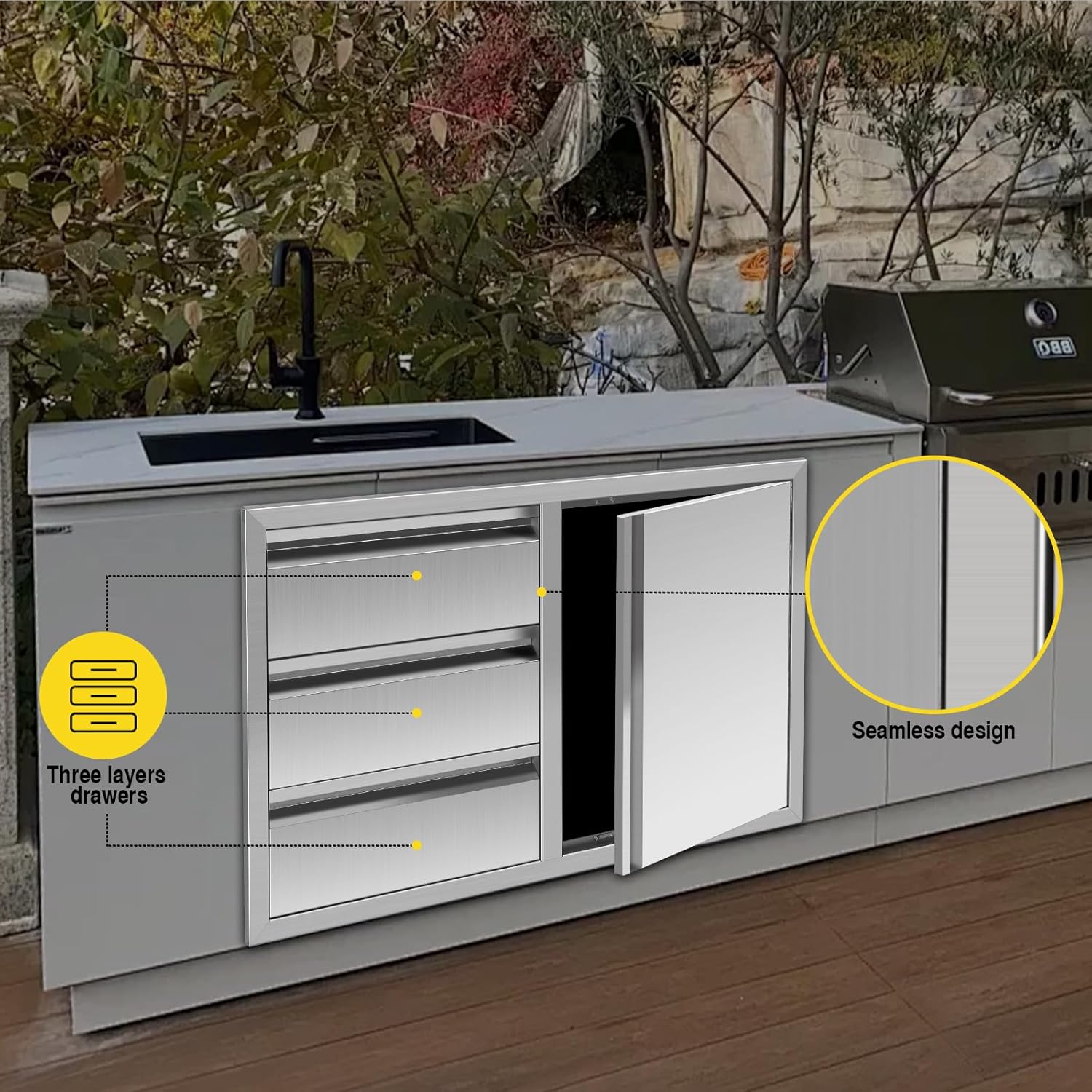 Outdoor Kitchen Drawer Combo BBQ Access Triple Propane Drawers Combo with Adjustable Trash Ring for BBQ Island Grill Station (38.3''W x 22.7''H x 20.7''D with Recessed Handle)