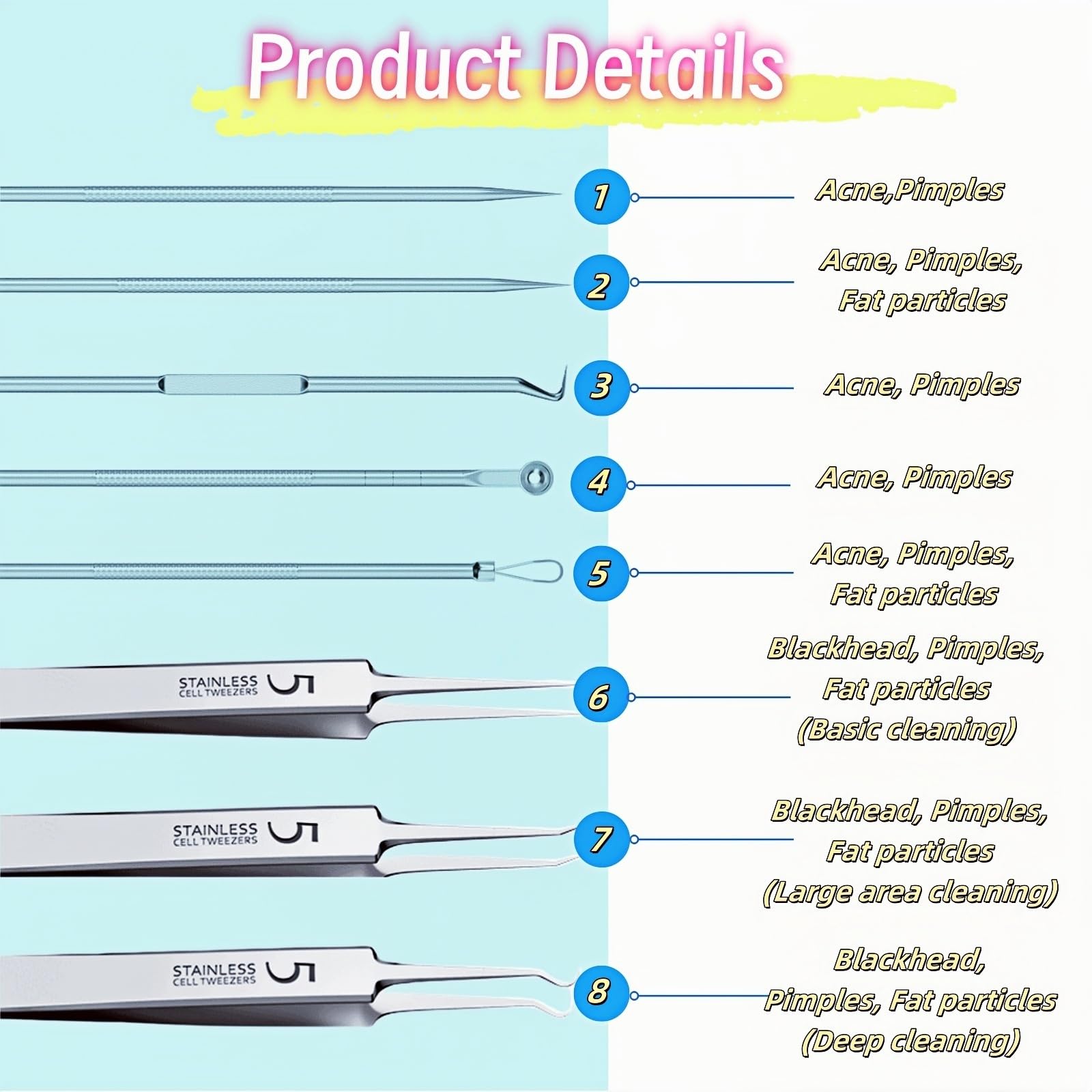 8 Stück Mitesser Entferner Werkzeug Kit Professionelle Pickel Popper Extractor Set für Akne, Komedonen, Whiteheads & Hautunreinheiten Edelstahl mit Metallkoffer