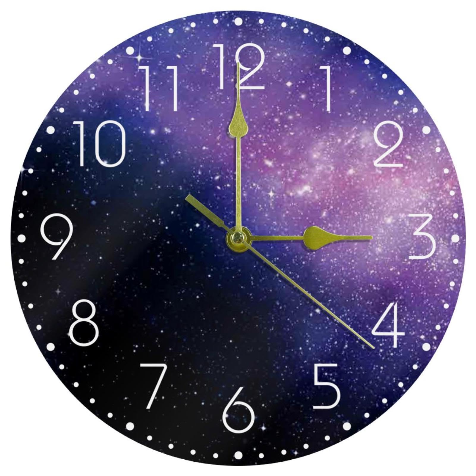 Horloge murale silencieuse à piles violette ciel étoilé pour éliminer le bruit au bureau