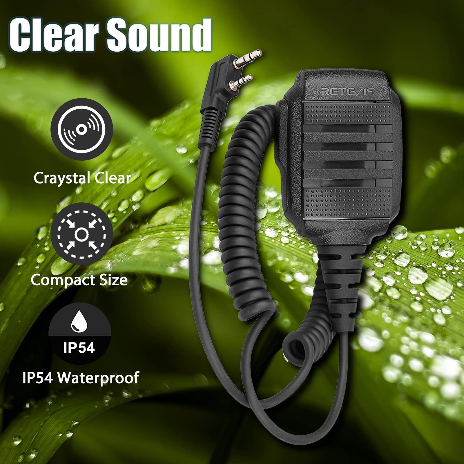 Retevis RS114 Walkie Talkie Altoparlante Microfono IP54 Impermeabile 2 Pin Compatibile RT24 RT27 RT5 RT5R Baofeng BF-888S UV-5R Kenwood HYT THT WOUXUN (1 Pezzo)