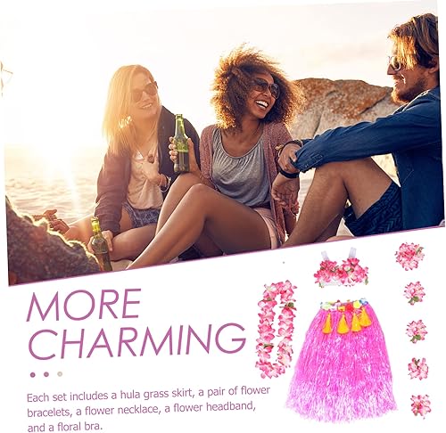 Miniatura 3 de ABOOFAN Falda de hierba hawaiana, conjunto de disfraz de baile, falda de hula tropical, accesorios de flores, diadema, collar, brasier para fiestas