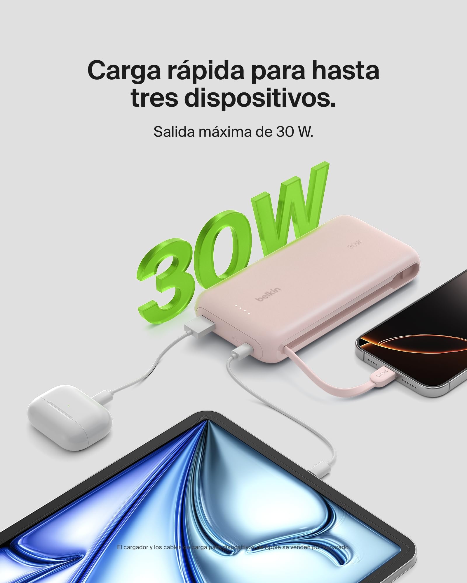 Belkin BoostCharge Batería Externa 20000 mAh con Cable USB-C - Rosa | Power Bank de 20000 mAh, 1 puerto y 1 cable USB-C y 1 puerto USB-A, 30 W, LED, Apta como Equipaje de Mano y Precargada