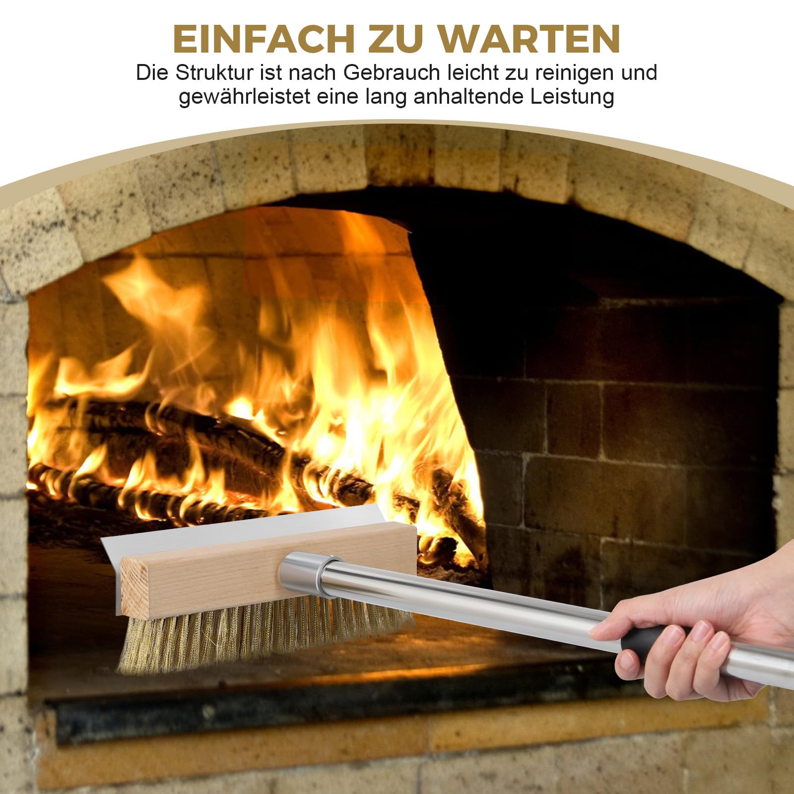 Pizzaofen Bürste, Pizzastein Bürste mit Stahlschaber, Reinigung Pizzaofen,Holzbackofen, Räucherofen, Drahtbürste mit Messingborsten Gewellt