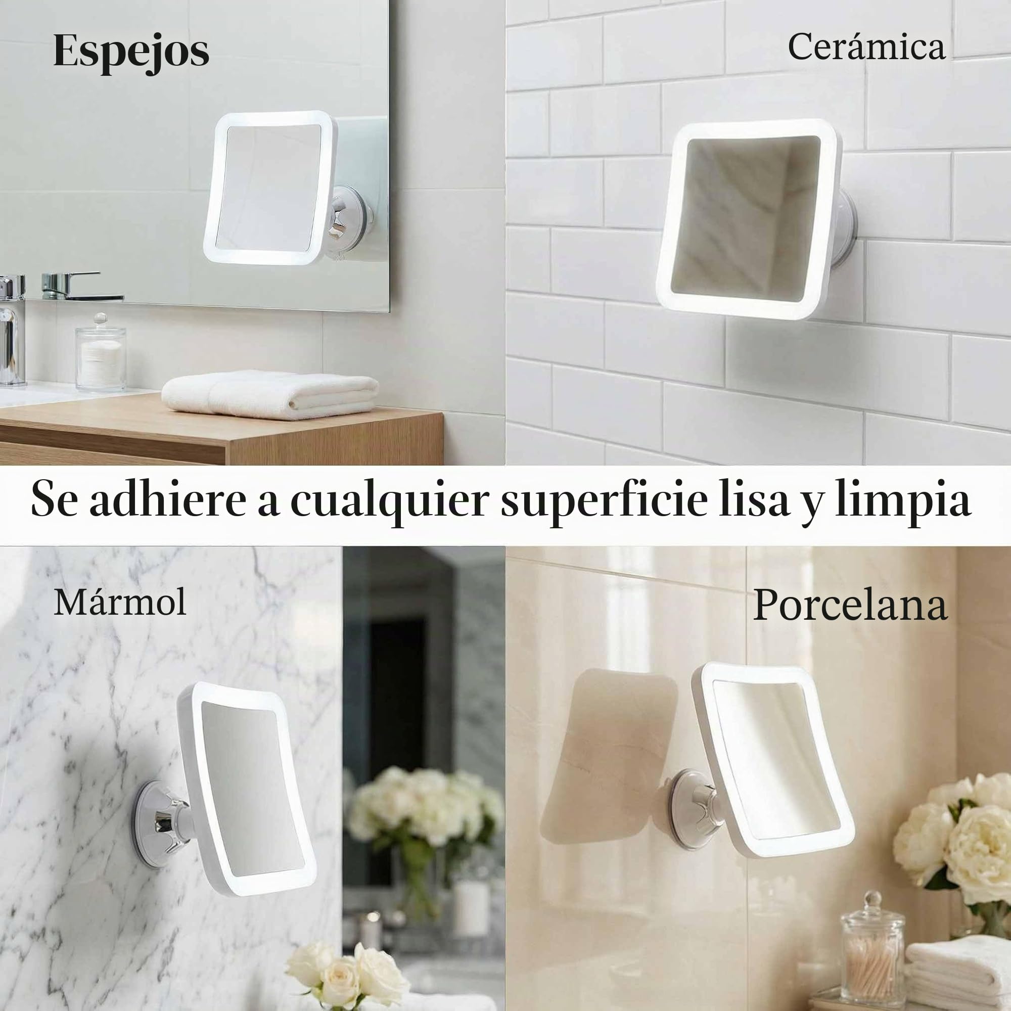 Fancii Espejo de Aumento 10x Recargable para Maquillaje con 3 Configuraciones de Luz LED - Táctil Regulable, Poderoso Ventosa - Espejo Iluminado de Baño (Mira 2)