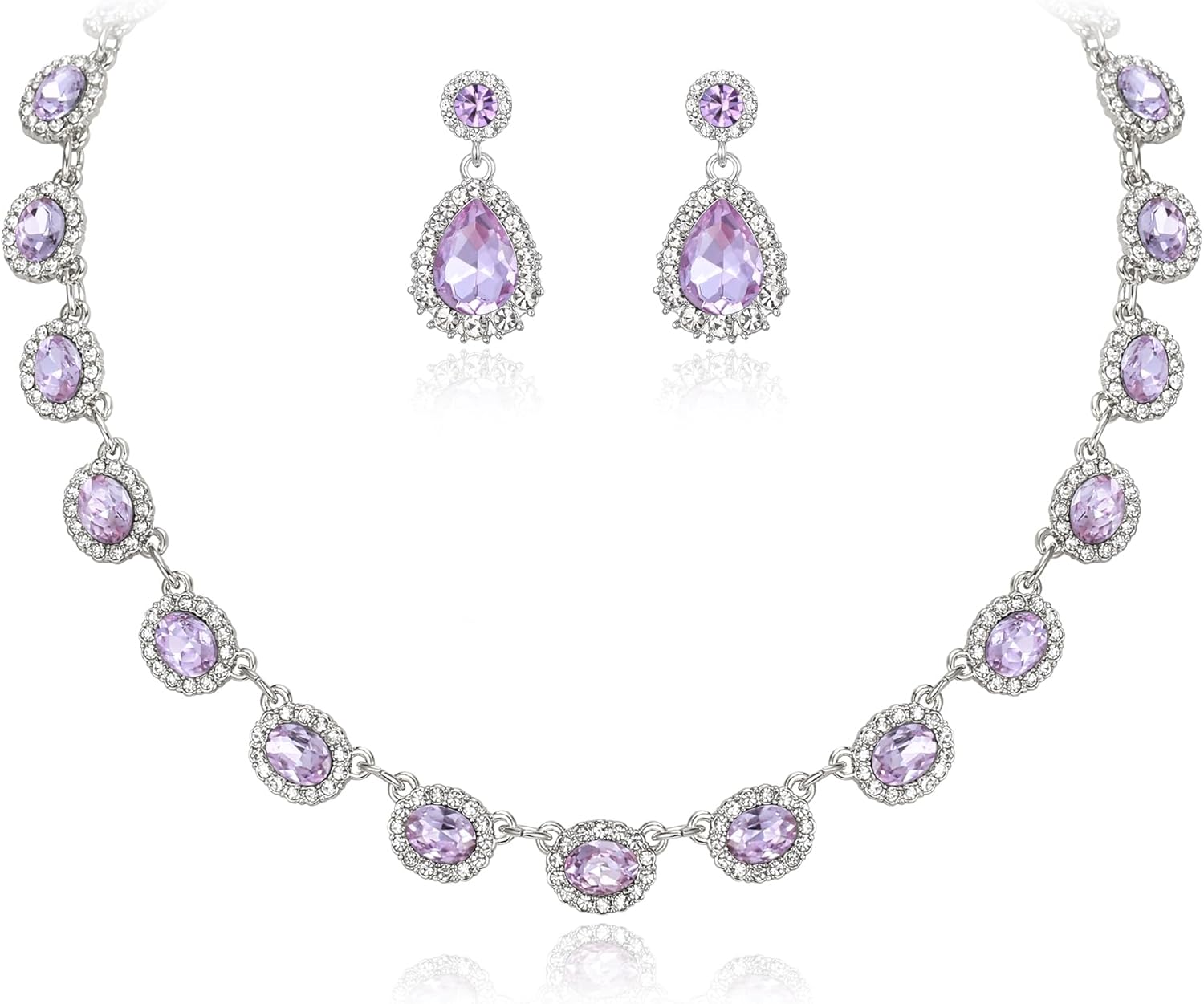 Crysdue Bridal Wedding Jewelry for Women Oval Teardrop Rhinestone Crystal Collar Necklace Pierced Dangle Earrings Set for Prom Party