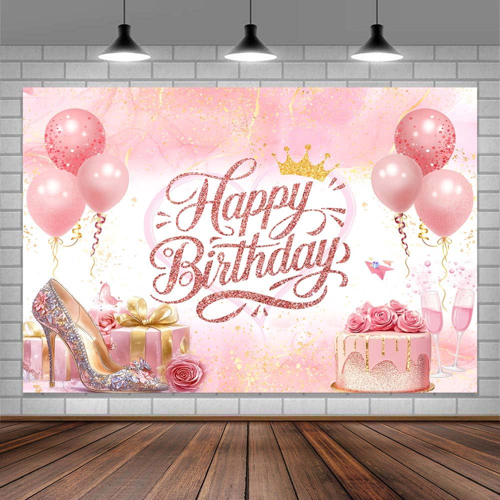 10X6.5ft Rose Gold Photo Banner Backdrop Happy Birthday Sign Photography Background for Women Girls, Pink Gold Balloons Backdrops Photo Booth Prop