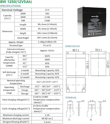 Miniatura 6 de Bright Way Group BW1250 12V 5AH Sealed Rechargeable SLA Battery F1 Terminal  Puerta de garaje, sistema de alarma y seguridad