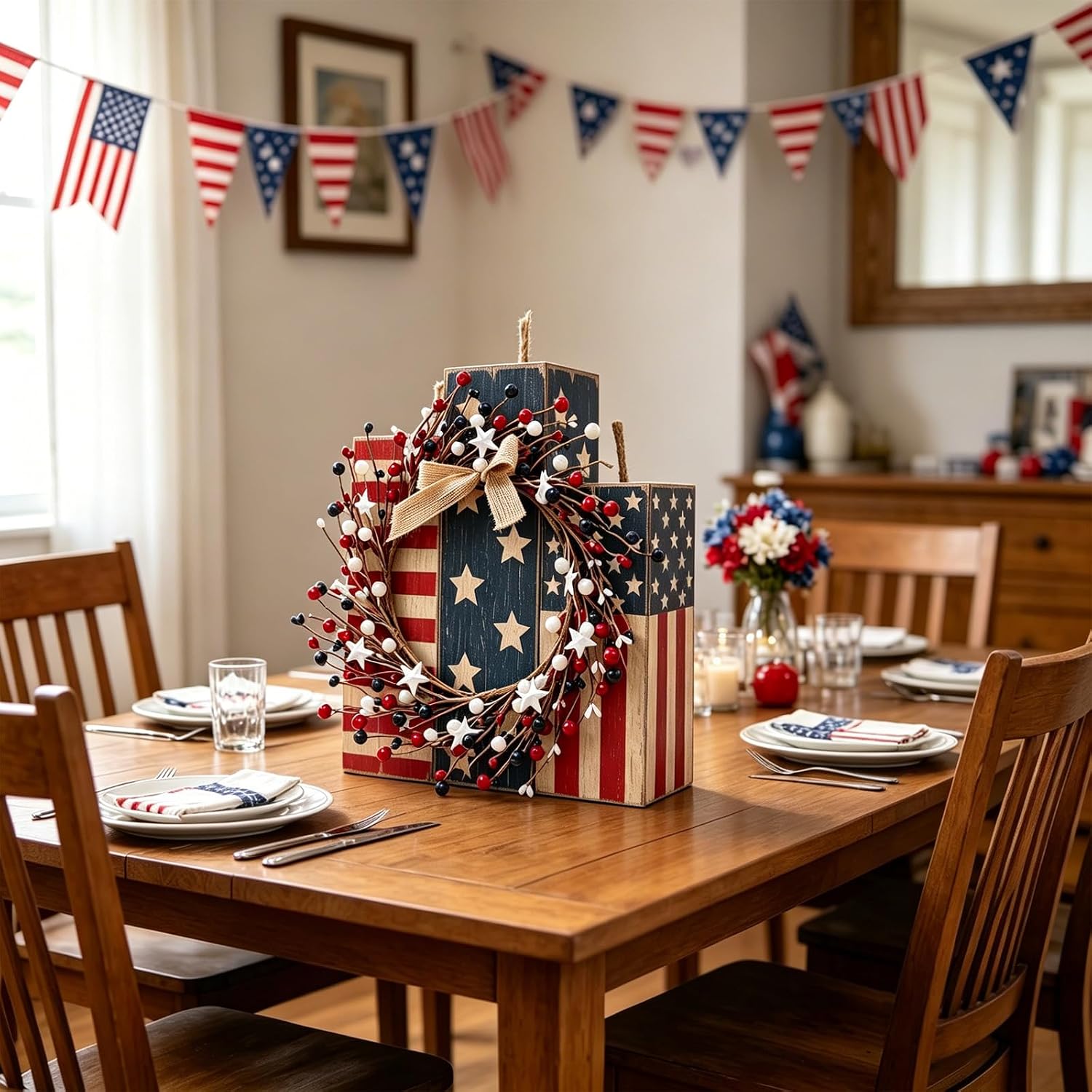 Idyllic 14 Inch Patriotic Wreath and Wooden Tabletop Decor Set, Red White Blue Patriotic Decorations for 4th of July, Memorial Day, Veterans Day, Front Door Wall Fireplace Home Decor