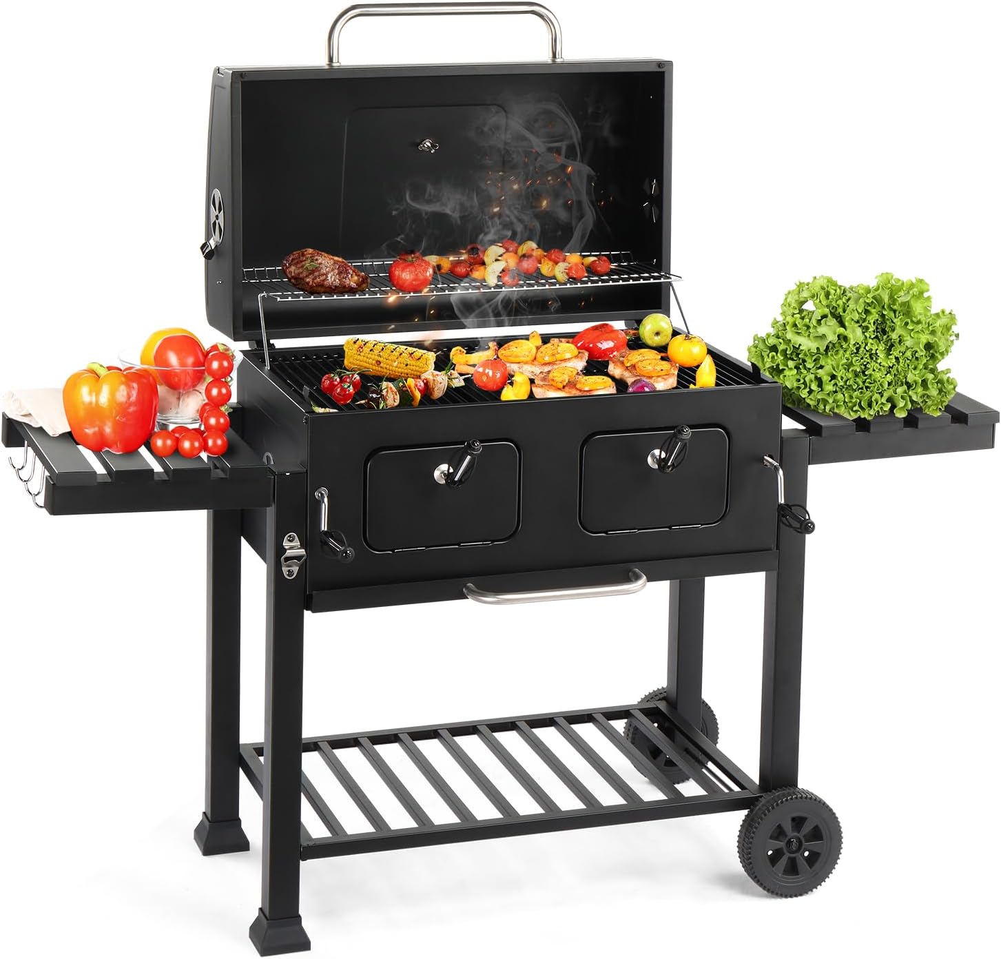 Extra-Large Outdoor Charcoal Grill with Dual Adjustable Heat Zones, Foldable Side Tables, Front Fuel Access, and Sturdy Steel Construction for Backyard Barbecues, Camping, and Picnics