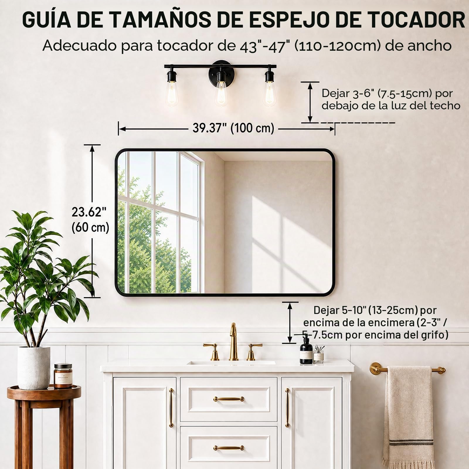 Espejo de baño 100x60 cm, Marco de Aluminio Negro | Resistente al óxido y la corrosión · montaje horizontal o vertical · baño, dormitorio, salón