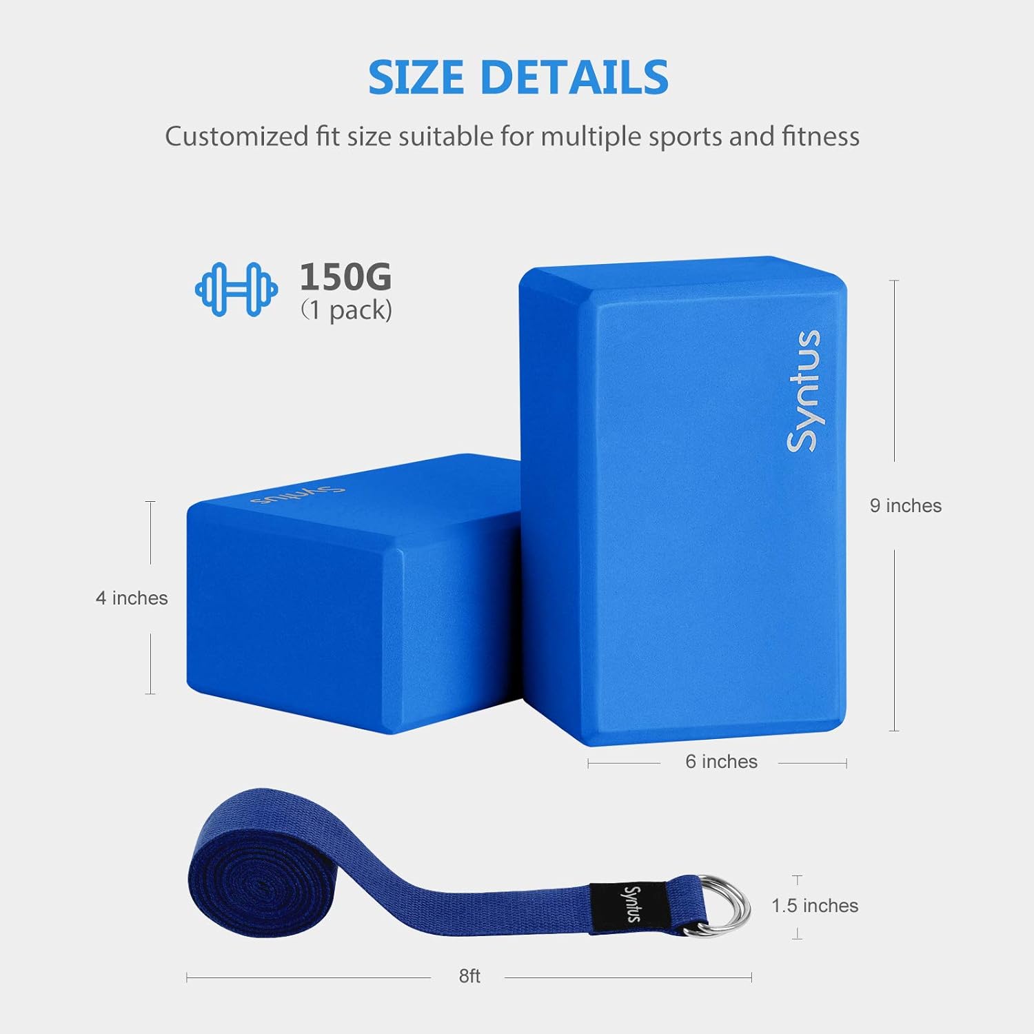 Syntus Yoga Block and Yoga Strap Set, 2 EVA Foam Soft Non-Slip Yoga Blocks 9×6×4 inches, 8FT Metal D-Ring Strap for Yoga, General Fitness, Pilates, Stretching and Toning, Blue : Sports & Outdoors