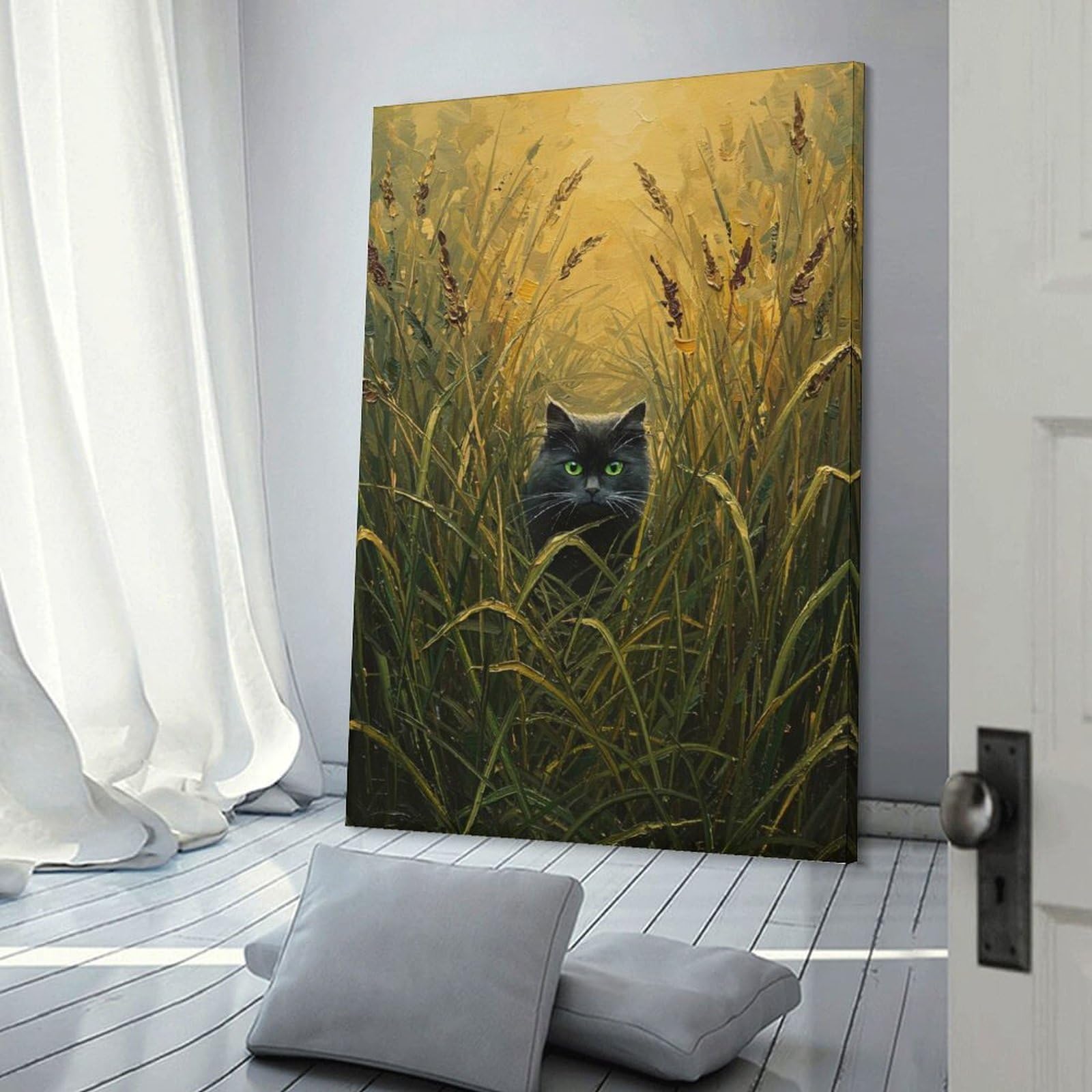Junmoney Frame-Style-22 Decorative Wall Artwork Black Cat In Tall Grass Painting, 08X12inch(20X30cm), For New Homes, Bedrooms Or Workspaces, Canvas Artwork With Gifting Potential