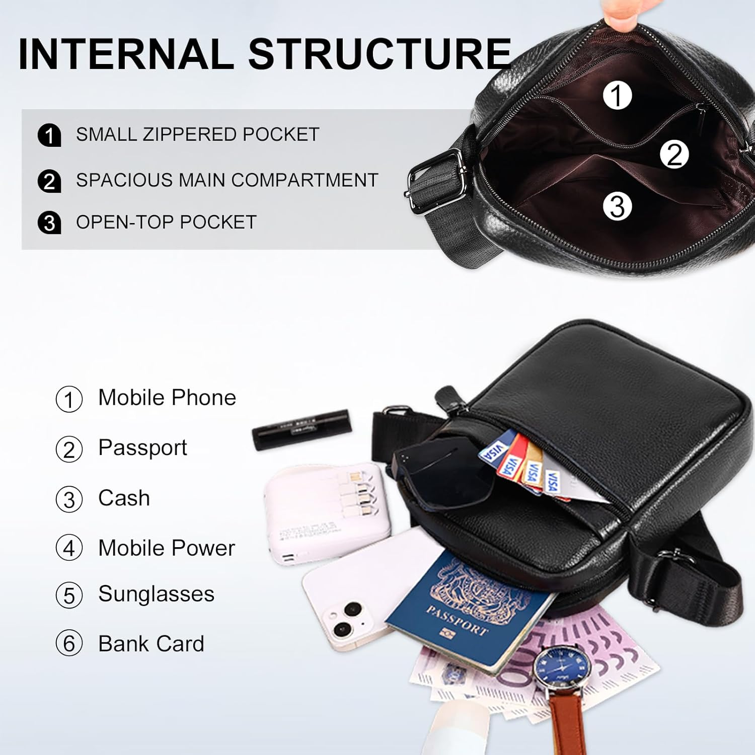 Leathario Men's Crossbody Shoulder Bag, Genuine Leather Small Messenger Satchel for Work Business Travel, Black Side Purse - Image 5