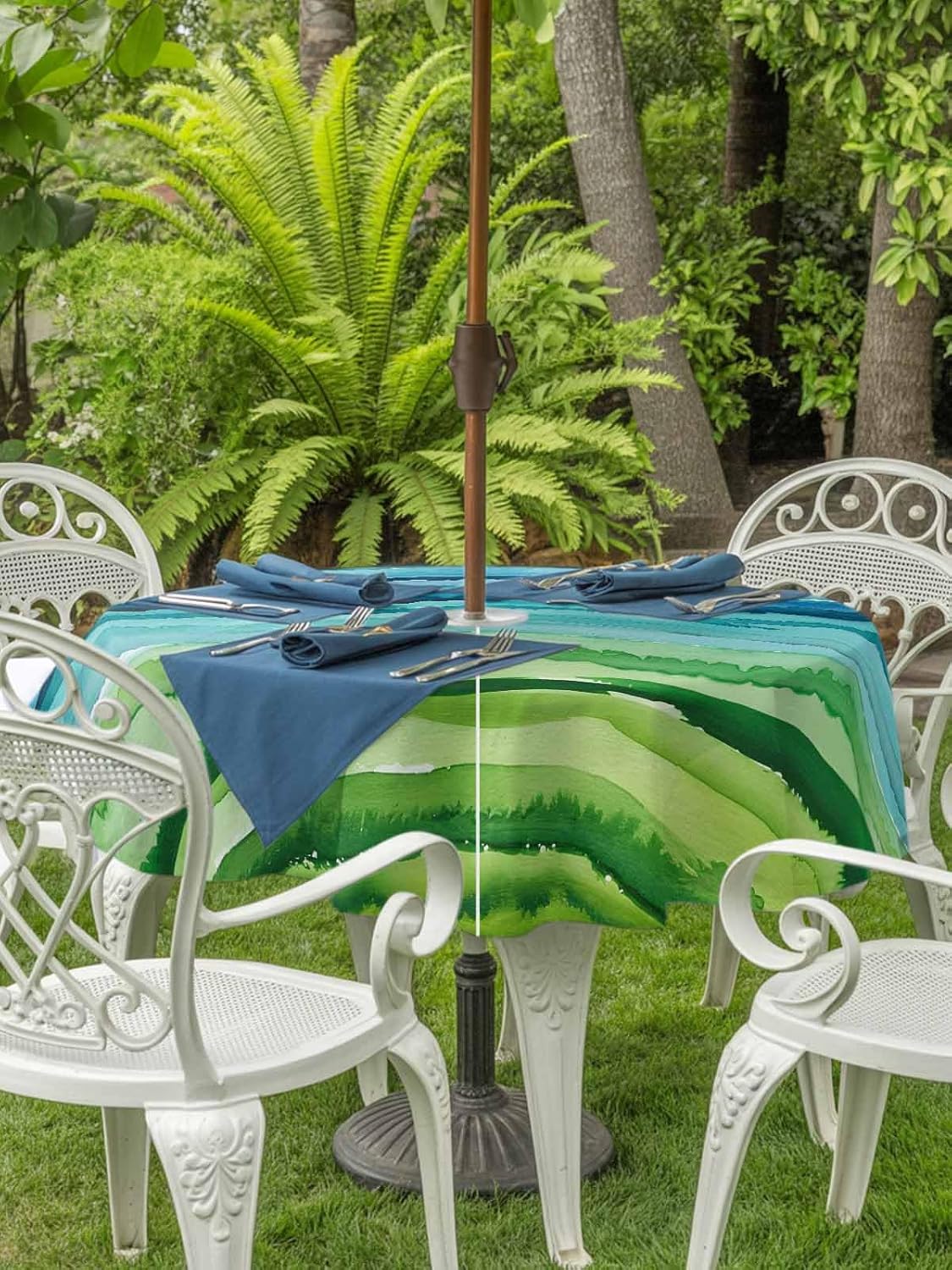 Watercolor Green and Blue Ombre Outdoor Round Tablecloth Zippered Table Cover with Umbrella Hole,Modern Abstract Sea Wave Washable Table Cloths for Patio Garden Picnic Tables,54in