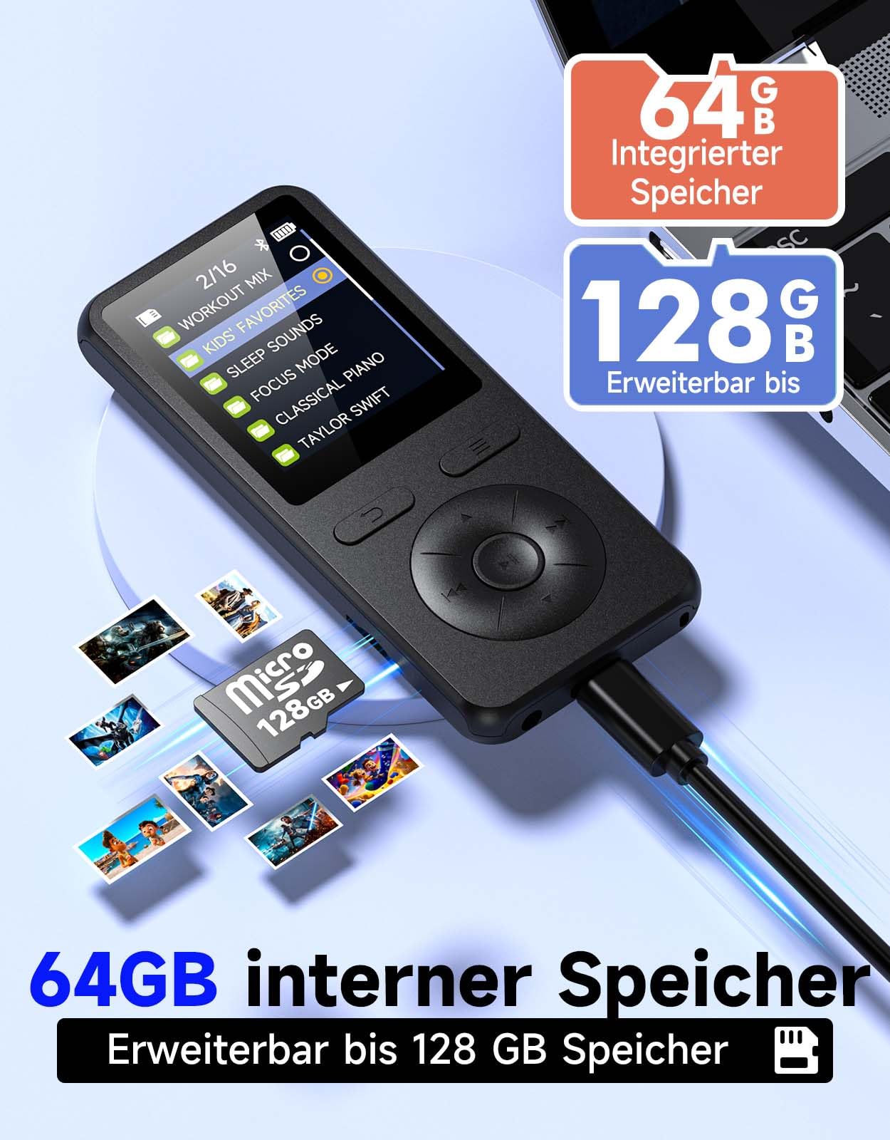64GB MP3 Player Bluetooth 5.3,mit Lautsprecher,physische Tasten,Ultraleicht
