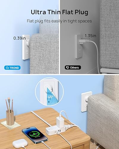 Miniatura 3 de Trond - Regleta de alimentación de enchufe ultra plana - Cable de extensión de 5 pies, 4 salidas de CA, 3 puertos USB-A, 1 cargador USB-C, estación
