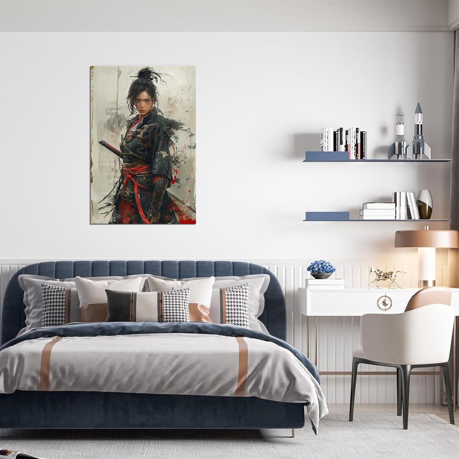 Japanese Female Samurai Wall Art Woman Fight Painting Canvas Prints Warrior Figure Pictures Bushido Posters Japanese Culture Theme Artwork for Bedroom Living Room Decor (24''W x 36''H)