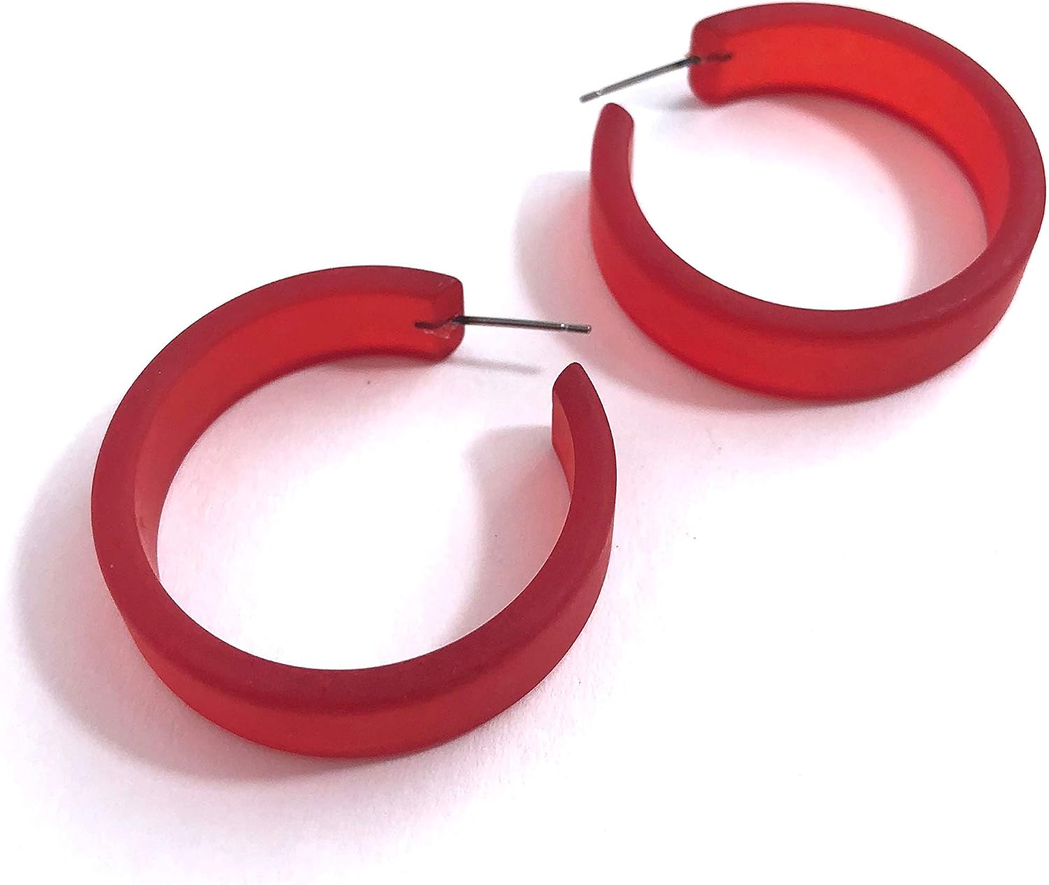Cherry Red Hoop Earrings | Vintage Lucite Frosted Large Portland Hoops - PTLD-RD-1
