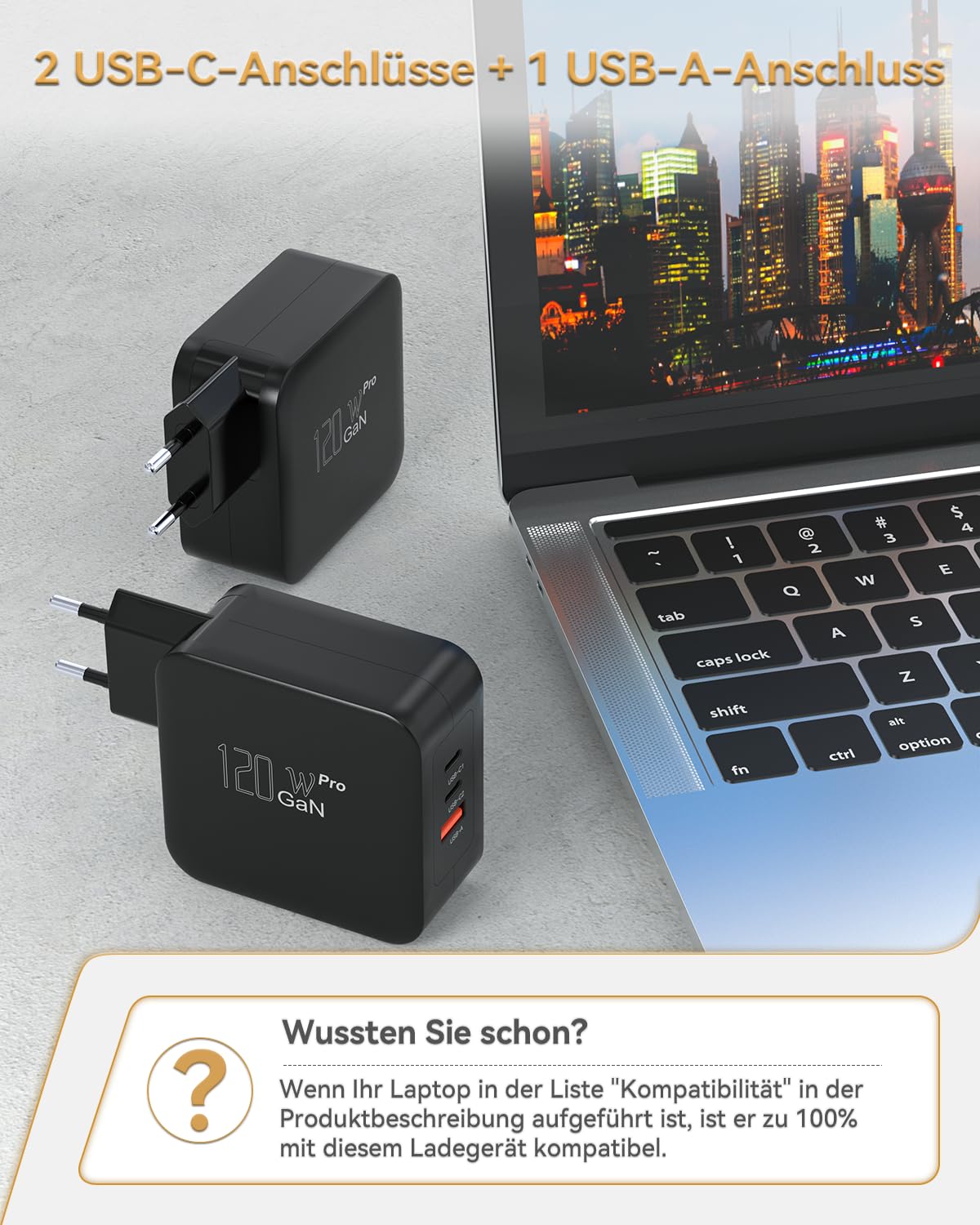 BIUBOTY Caricatore USB C, 3 porte, alimentatore di rete per computer portatile, 120 W, GaN Tech PD PPS, caricatore rapido, adattatore di ricarica per MacBook Pro/Air, iPhone 15/14/13/12, iPad Pro