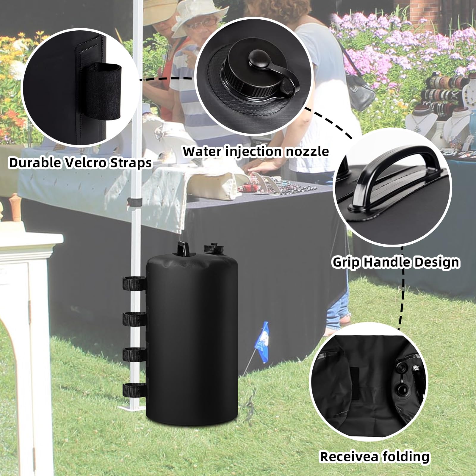 4er Set Wassergewichtstaschen, 80kg（20L*4）, 4er Set Sandgewichtssäcke, Kann Wasser oder Sand aufnehmen, Wiederverwendbar, Gewichte für Pavillons/Gartenzelte/Festzelte, Schwarz, 24 * 45cm
