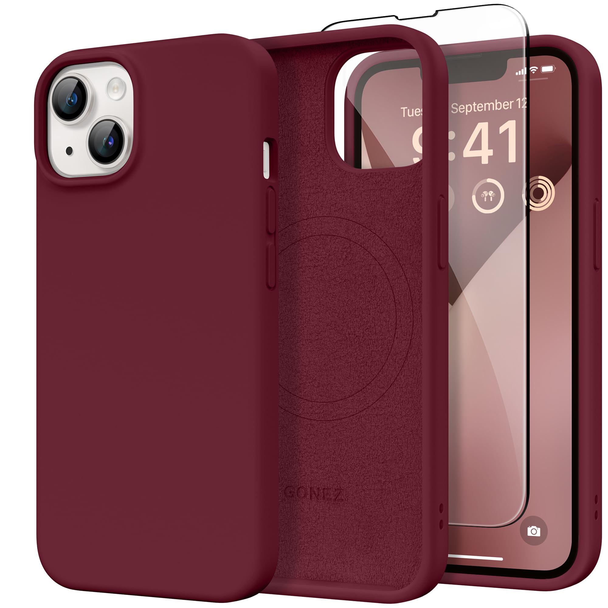 GONEZ Magnetic for iPhone 13/14 Case, Silicone Cover Maroon