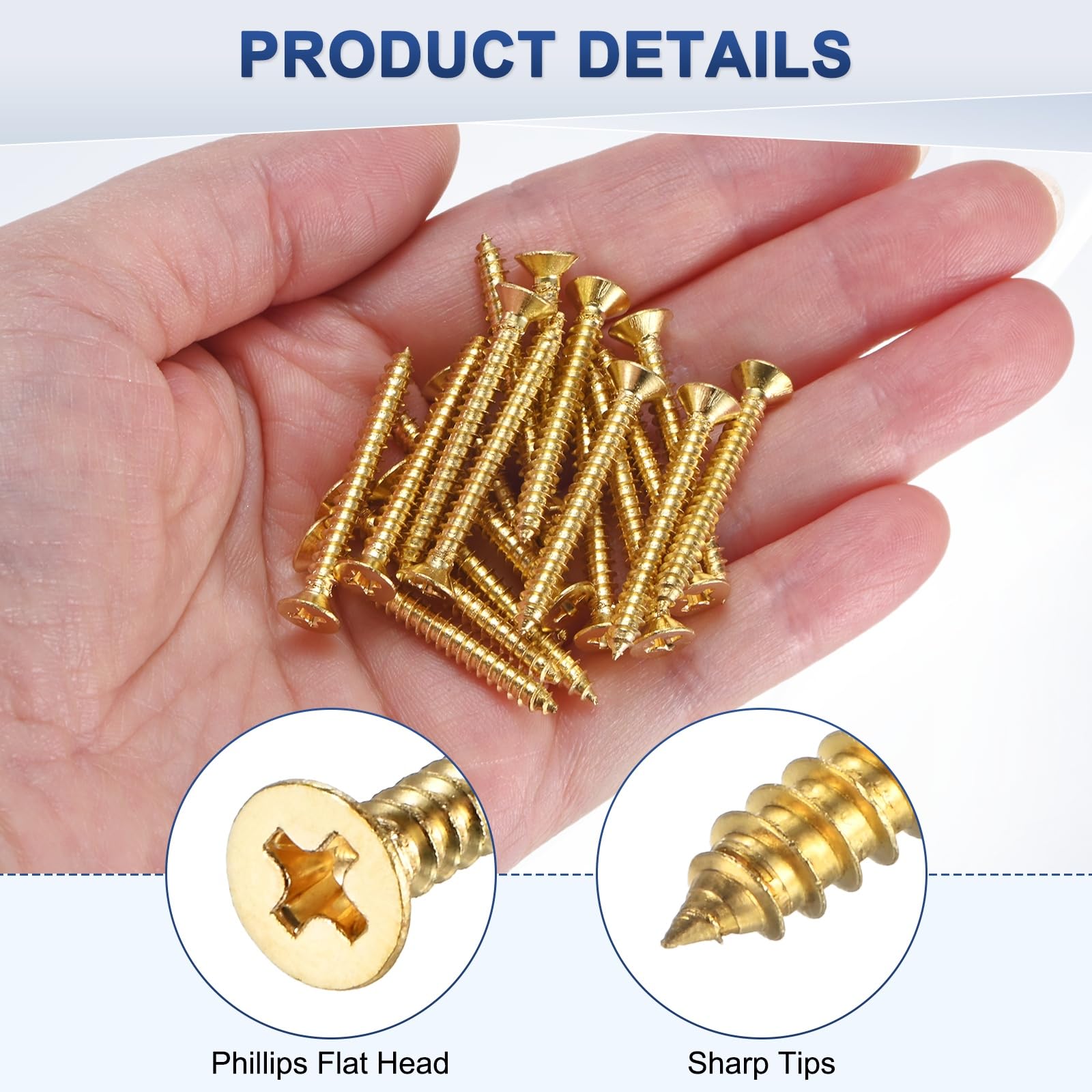 M METERXITY 50-Pack Brass Wood Screws M3.5 x 30mm Phillips Flat Head Self-Tapping Screw Connector Fasteners for Door Hinges/Woodworking/Furniture Repair/Gardening/DIY Crafts Decorative Screws - Image 2