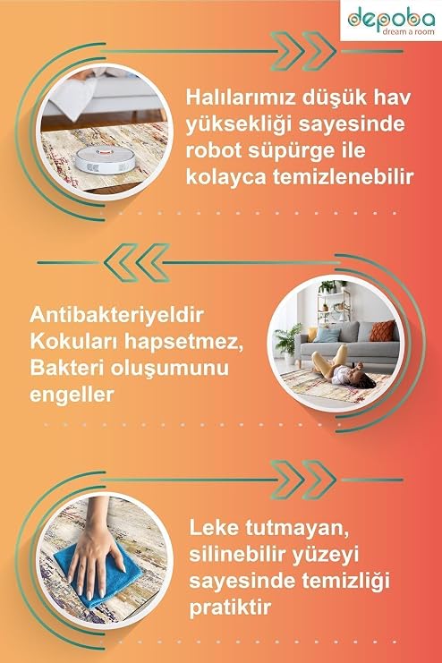 Nera Kilim Desen Şönil Kaymaz Doğal Pamuk Tabanlı Yıkanabilir Antibakteriyel Çevre Dostu Salon Halısı 100x150