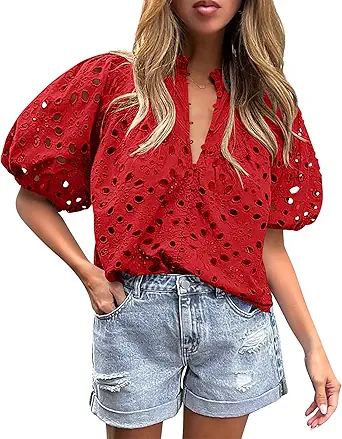 BETTE BOUTIK Women's Long Short Sleeve Tops 2025 Dressy Casual Button Hollow Out Lace Embroidered Blouses Shirts