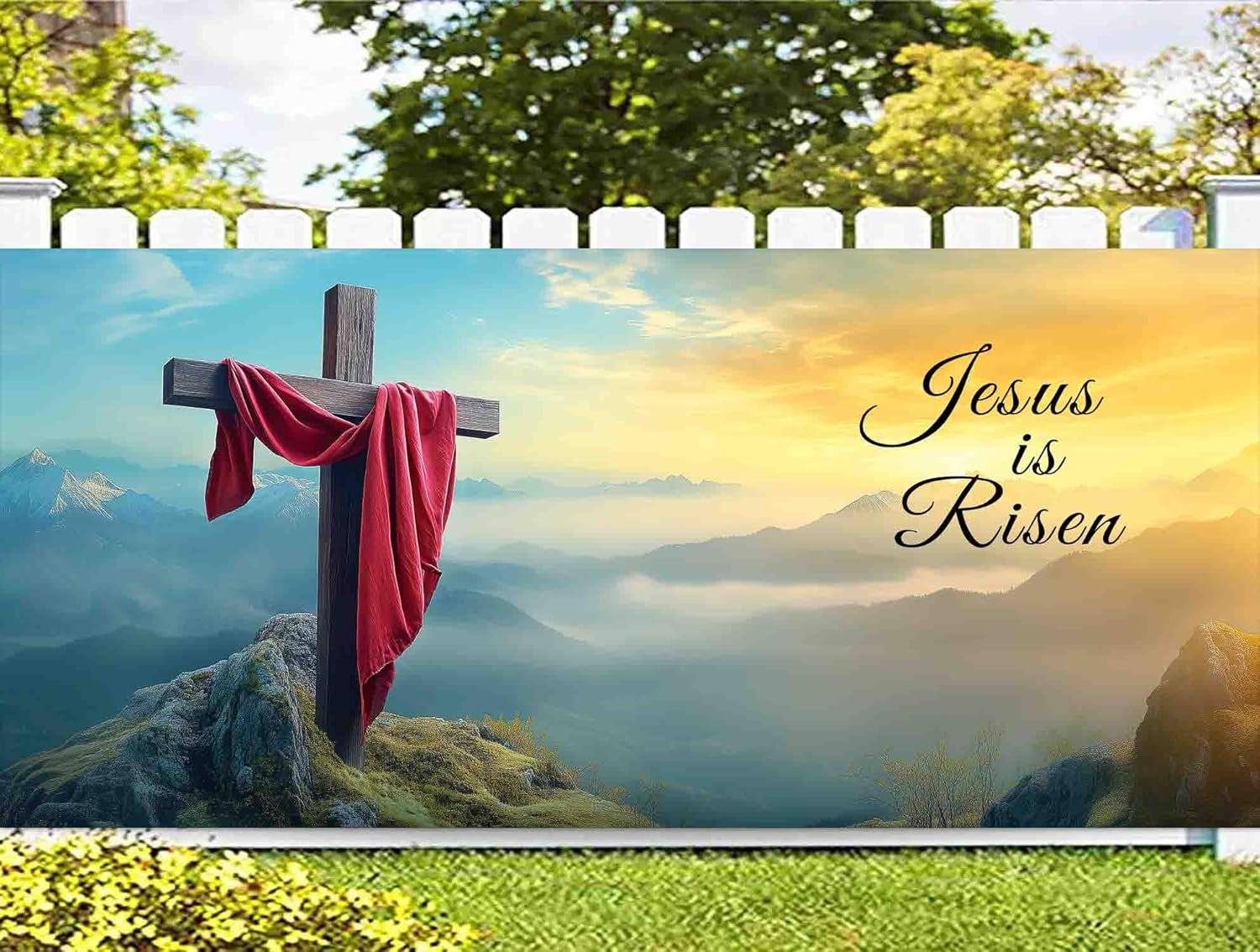 13X6FT Jesus Christ Cross Garage Door Cover Decorations He is Risen Cross on The Mountain Top Sunrise Sky Backdrop Holy Light Jesus Resurrection Christian Easter Church Party Decorations Banner