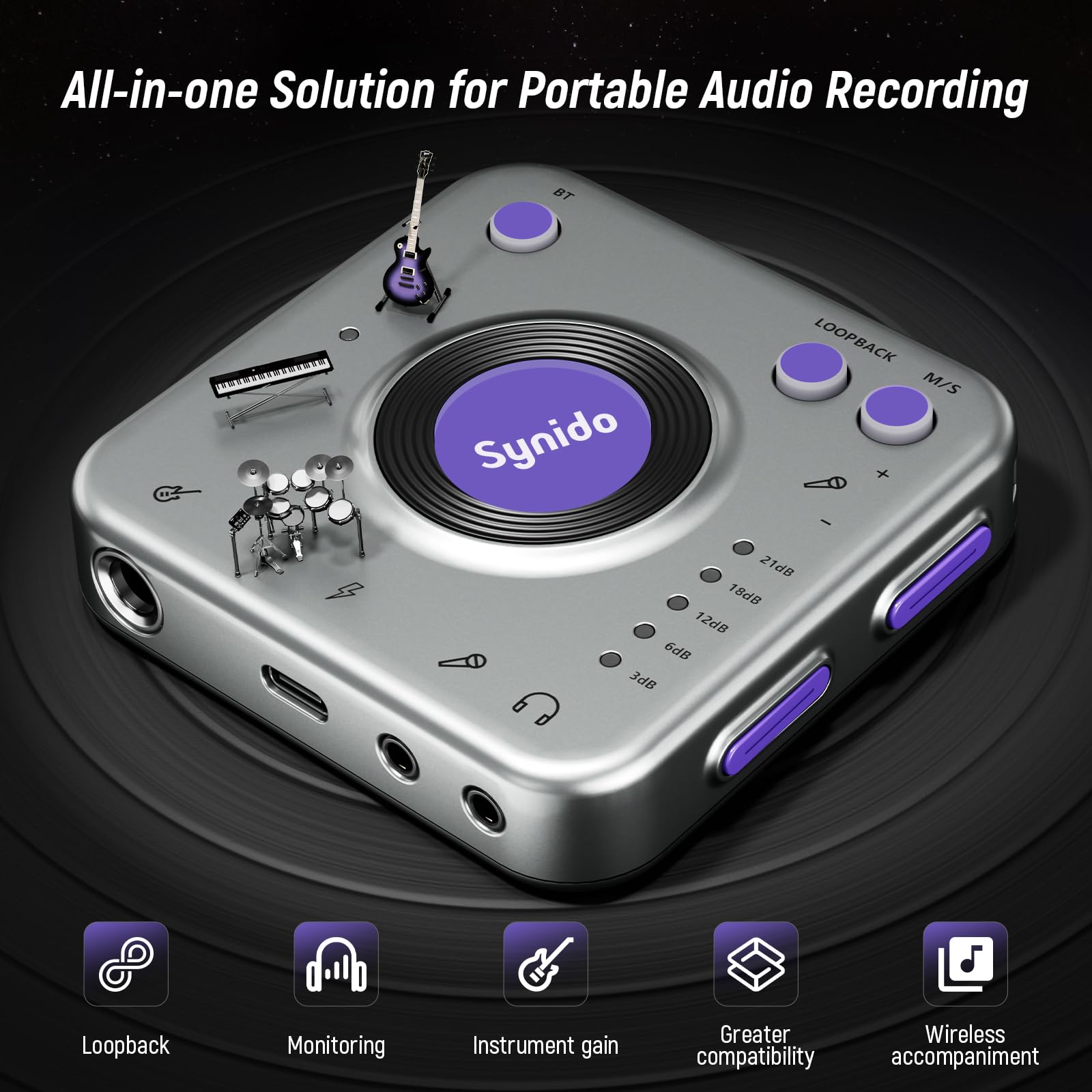 Synido Audio-Interface zum Aufnehmen von Musik mit Instrumenten-Verstärkungssteuerung, 24 Bit/96 kHz, tragbare HiFi-Audio-Schnittstelle, kommt mit USB-C, leichter Audioadapter für