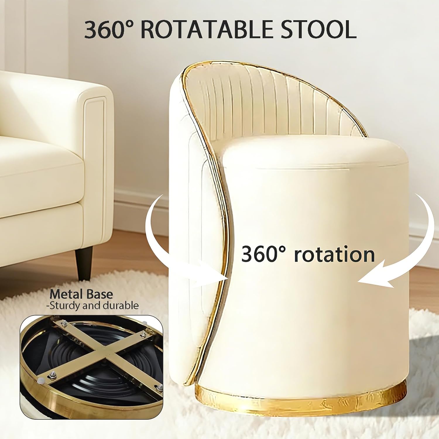 Makeup Stool with Back, 360° Swivel Vanity Chair with Wave Backrest, No Assembly Modern Vanity Stool Chair, Ottoman Chair for Bedroom, Dressing Table, Living Room, Supports 400lbs (Beige)