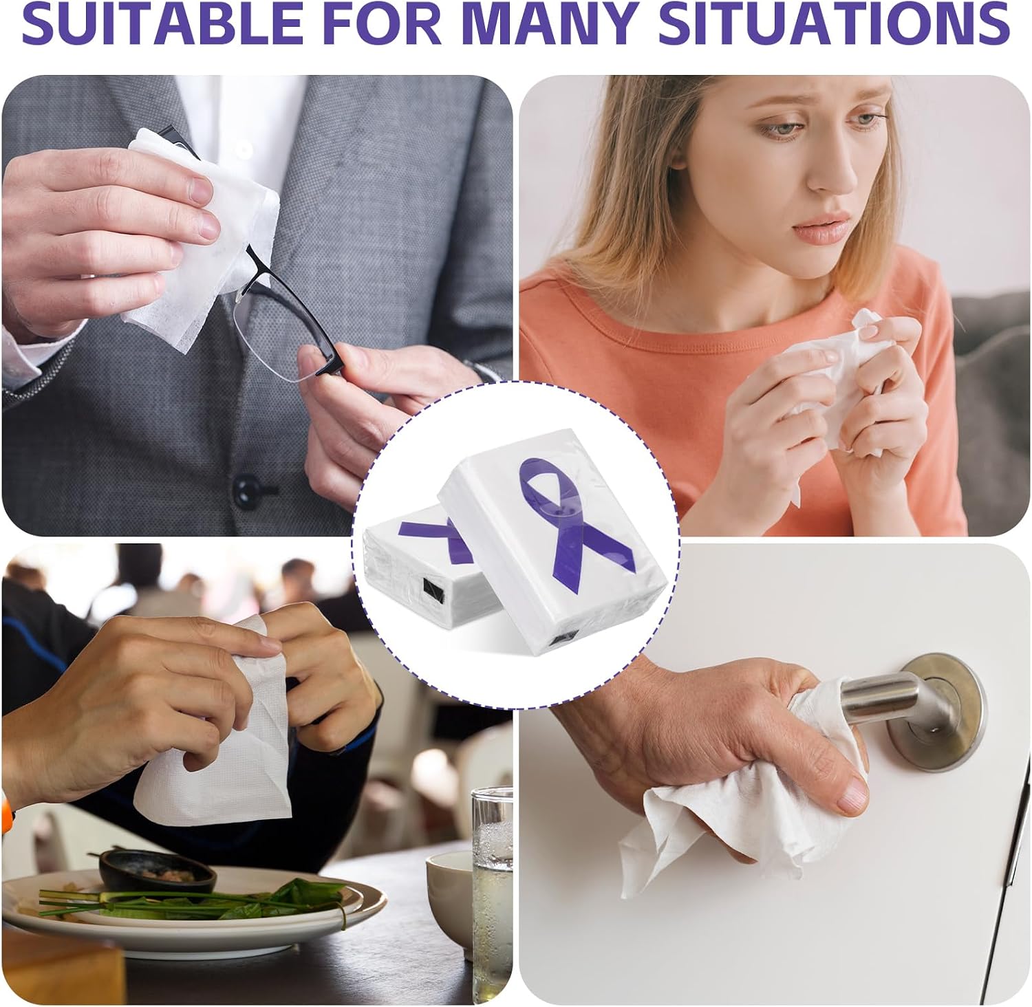 Fullhawl 36 Pack Purple Ribbon Awareness Pocket Tissues Epilepsy Alzheimer Cancer Awareness Travel Size Facial Pocket Tissues for Charity Events Survivor Campaign Supplies Purple Ribbon Souvenir Gift