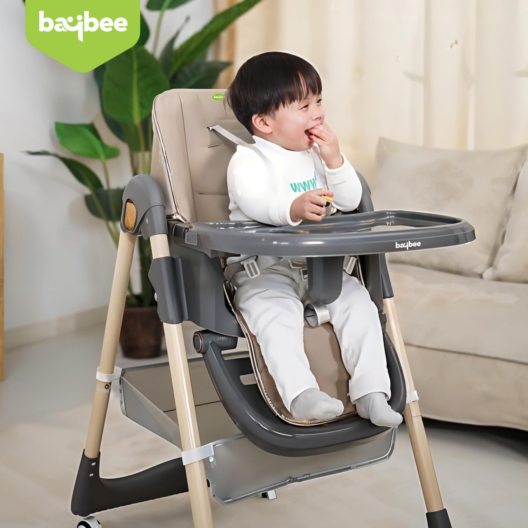 Baybee 3 in 1 Baby High Chair for Kids, Baby Feeding Chair with 8 Height Adjustable, Footrest, Tray, 160° Recline, 5 Point Safety Belt & Wheels | Kids High Chair for Baby 0 Months to 6 Years (Brown) - Image 2 thumbnail