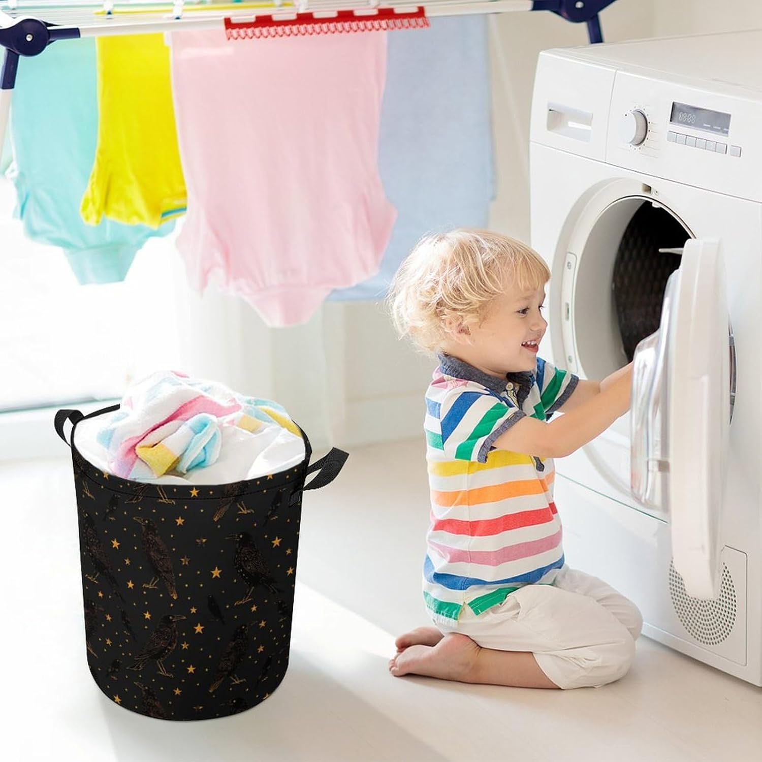 Black Crow Stars Novelty Collapsible Laundry Baskets Waterproof Clothes Hamper Storage Bins with Handles 13.8"x13.8"x17.3" 17.3"x17.3"x17.3"