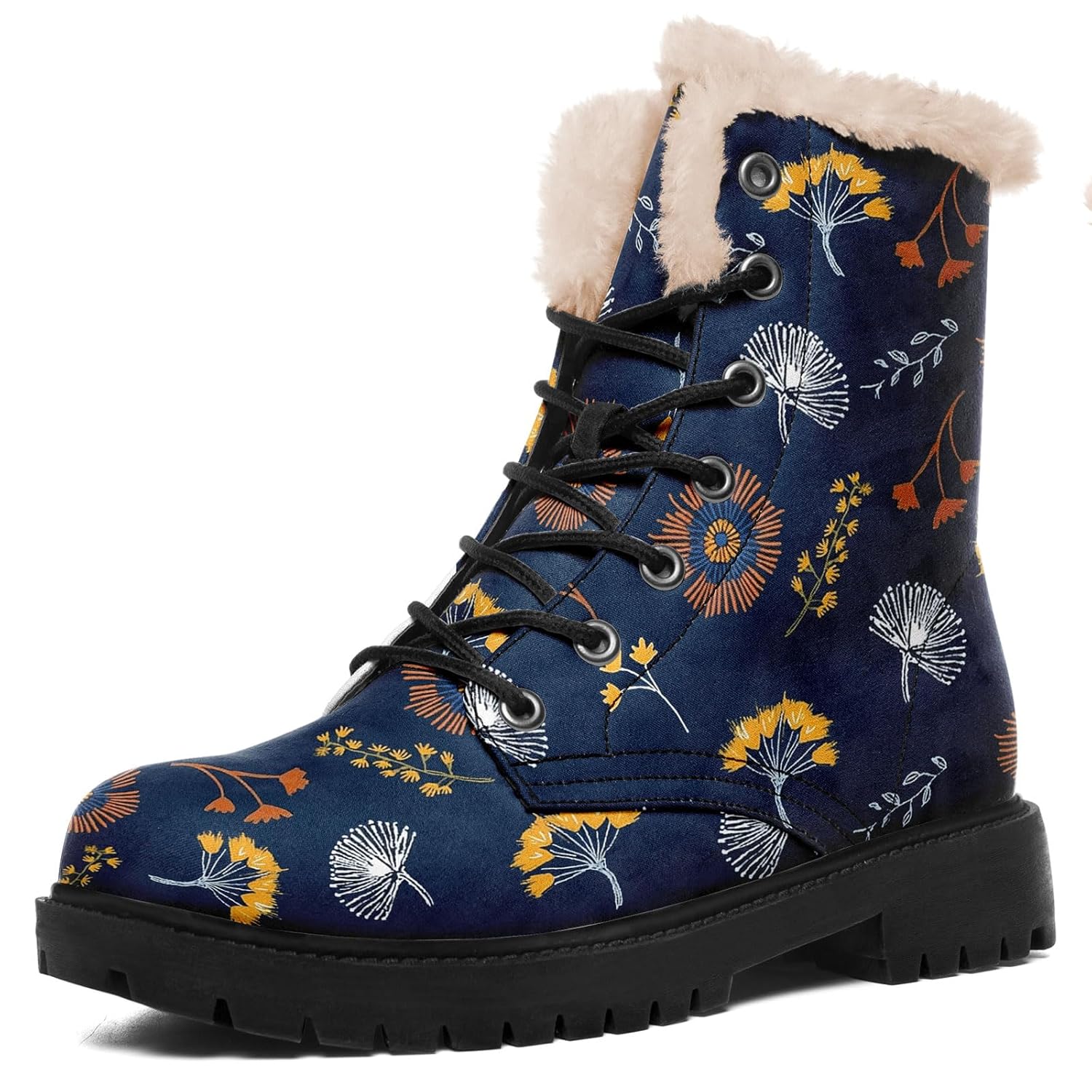 Floral Womens Winter Snow Boots with Plush Lining Artstic Lace-up Cozy Mid-top Boots for Cold Weather Outdoor