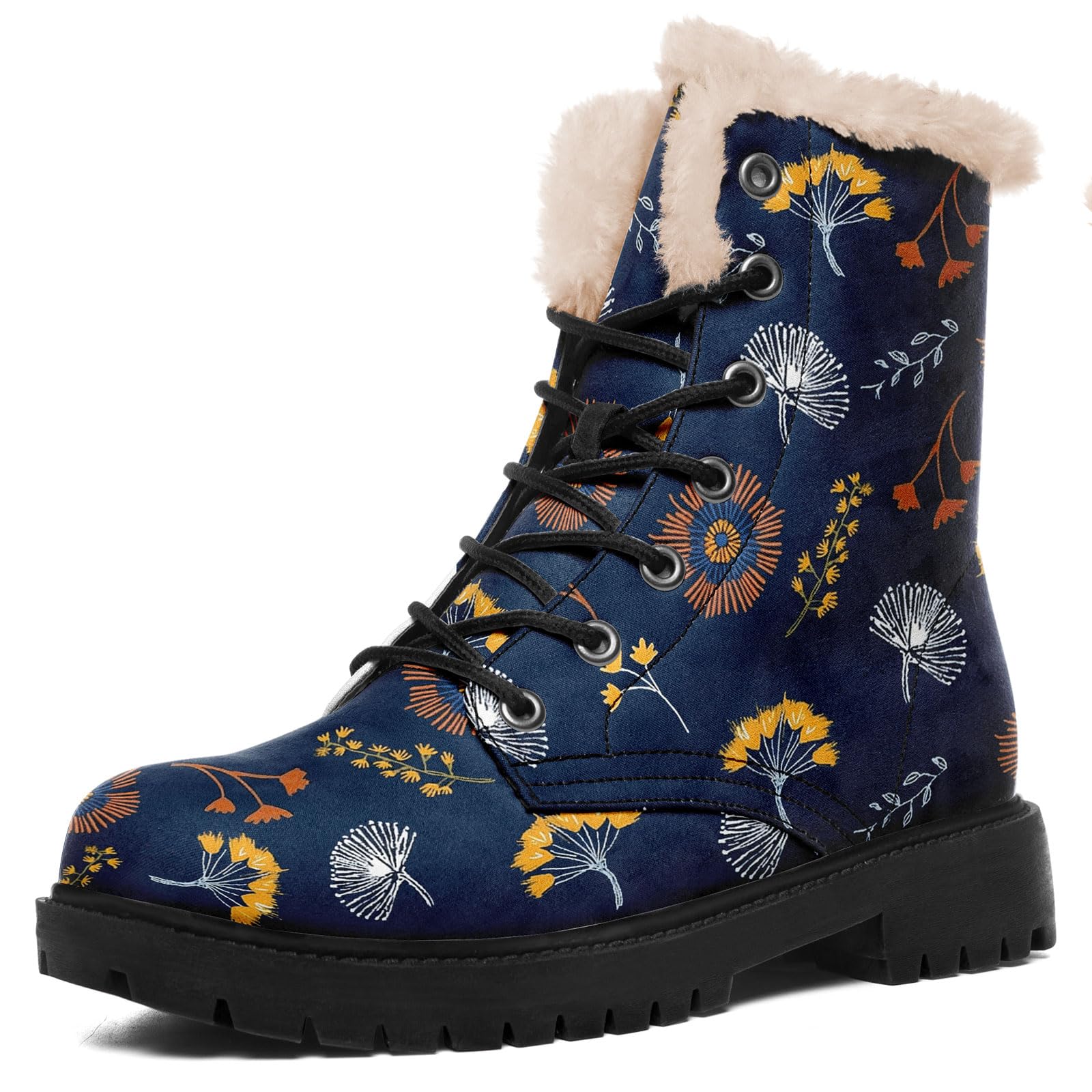 Floral Womens Winter Snow Boots with Plush Lining Artstic Lace-up Cozy Mid-top Boots for Cold Weather Outdoor