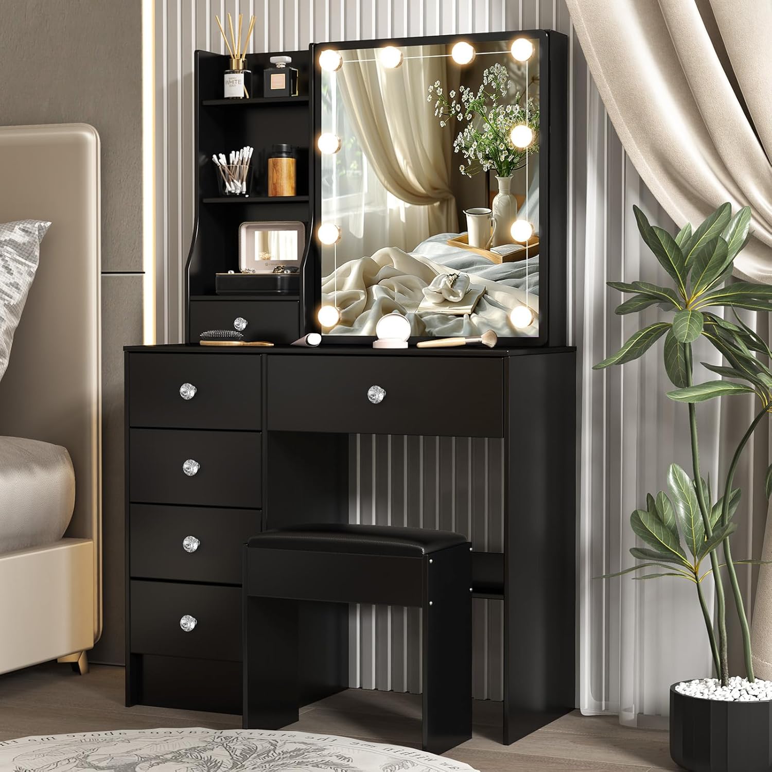 Vanity Desk with Mirror and Lights, Makeup Vanity with 6 Storage Drawers, 3 Lighting Color Adjustable, Dressing Table Vanity Set with Stool, Makeup Table for Bedroom, Gifts for Girls and Women, Black