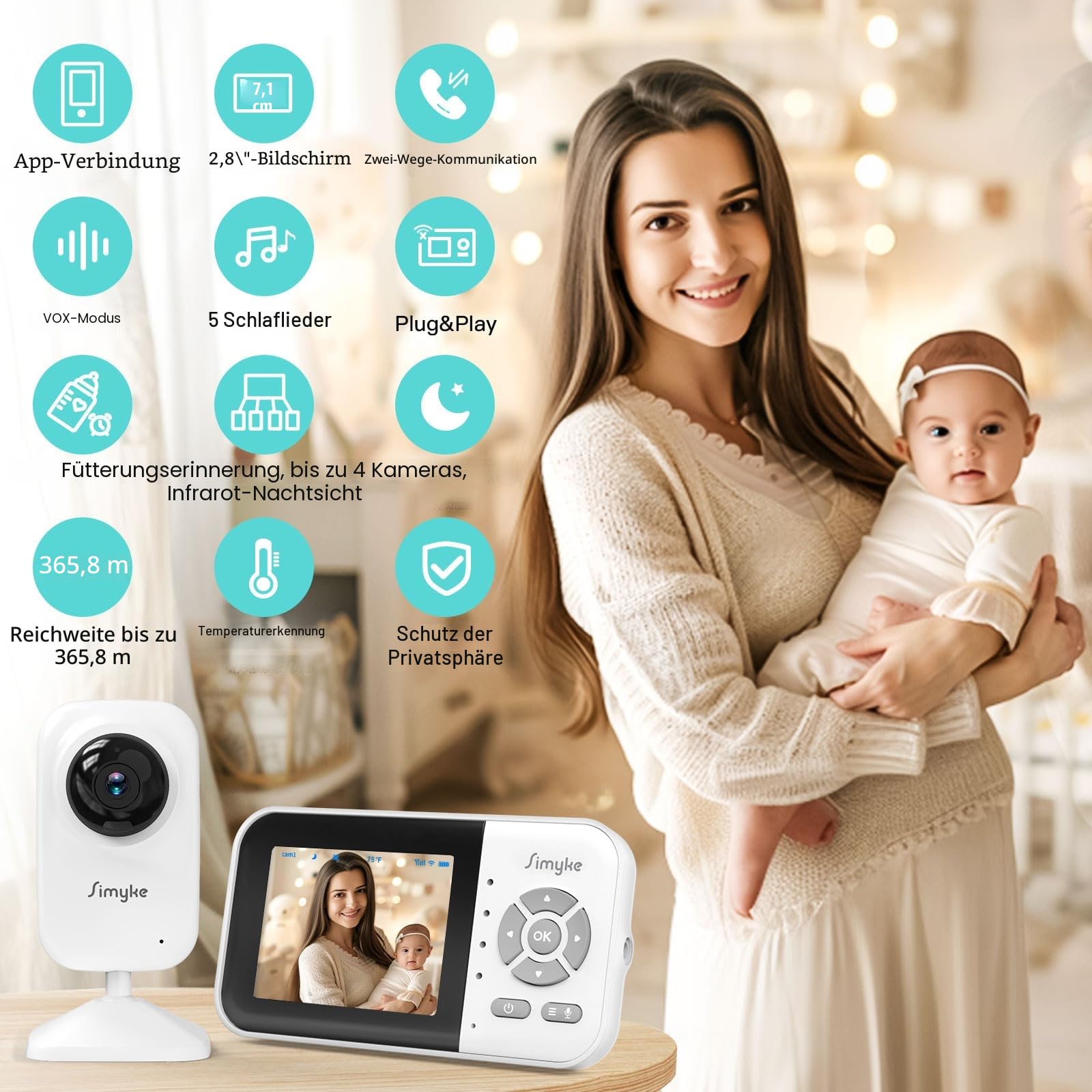 Simyke Babyphone mit Kamera, App und 2.8 Zoll Bildschirmsteuerung Baby Monitor, IR Nachtsicht & Temperatursensor, 2-Wege-Audio, VOX-Modus & Weinerkennung, Bis zu 1000ft